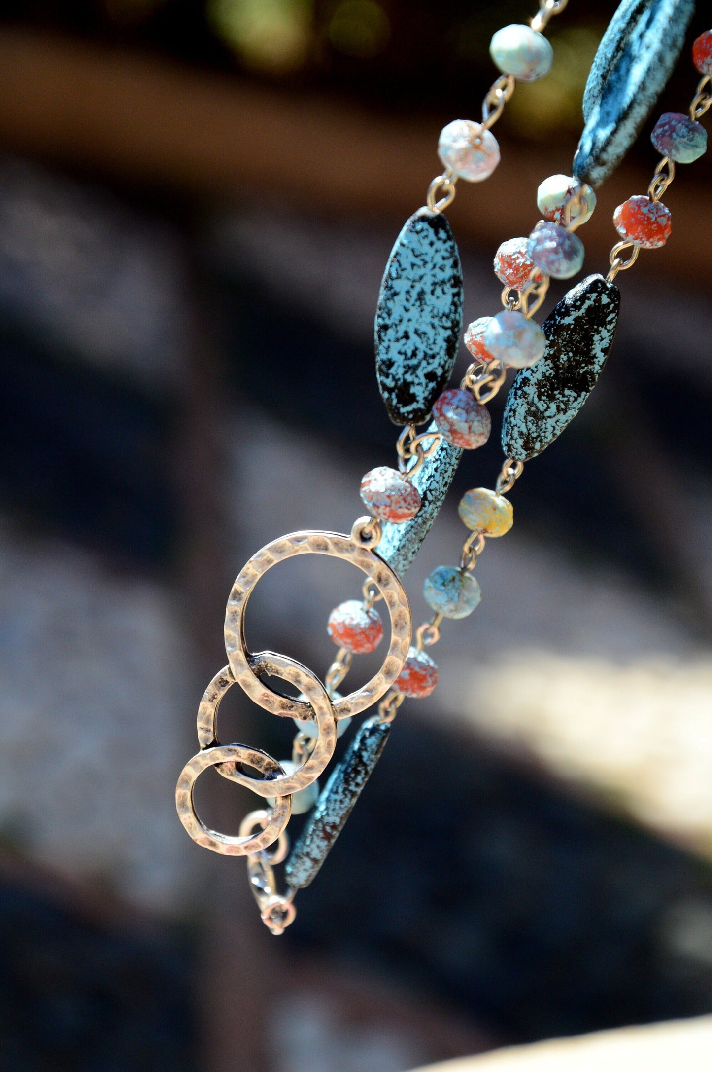 Handcrafted Bohemian Style Beaded Rings Necklace - Unique Fake Sea Glass Design, 24 Inches (62cm)