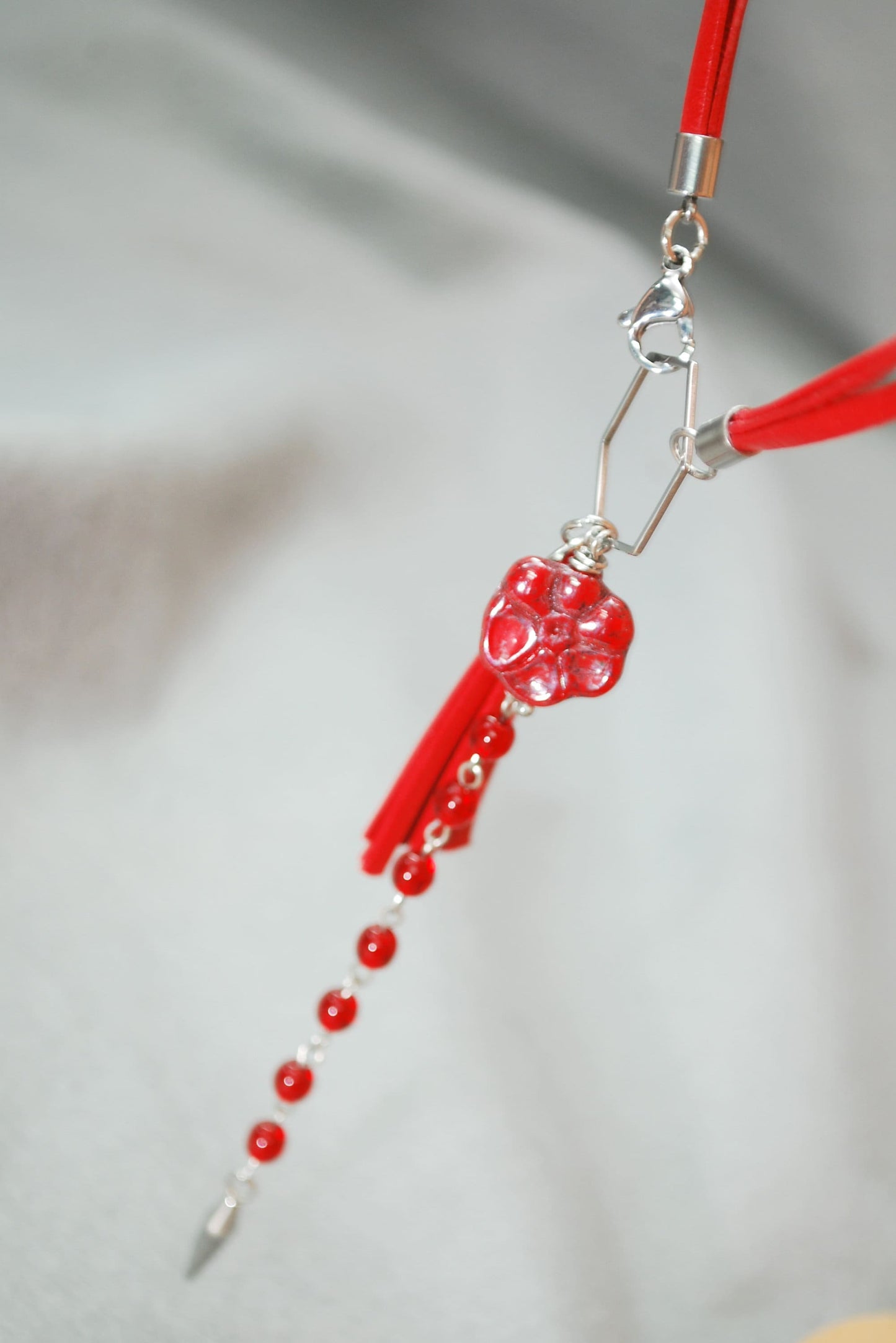 Red Leather Choker Necklace with Hexagon Pendant and Czech Glass Beads, Exquisite Handcrafted by Estibela. 47cn - 19"
