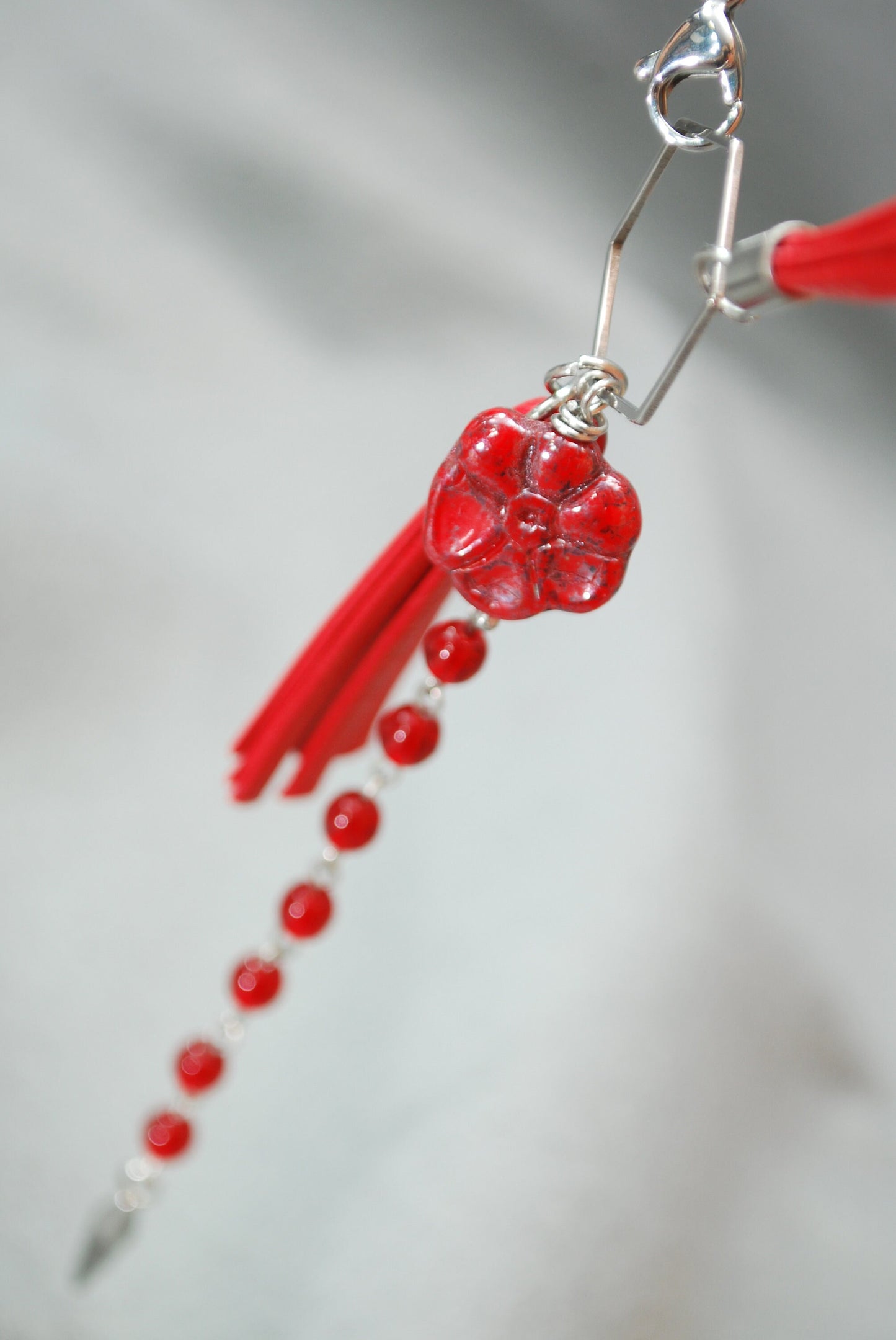 Red Leather Choker Necklace with Hexagon Pendant and Czech Glass Beads, Exquisite Handcrafted by Estibela. 47cn - 19"