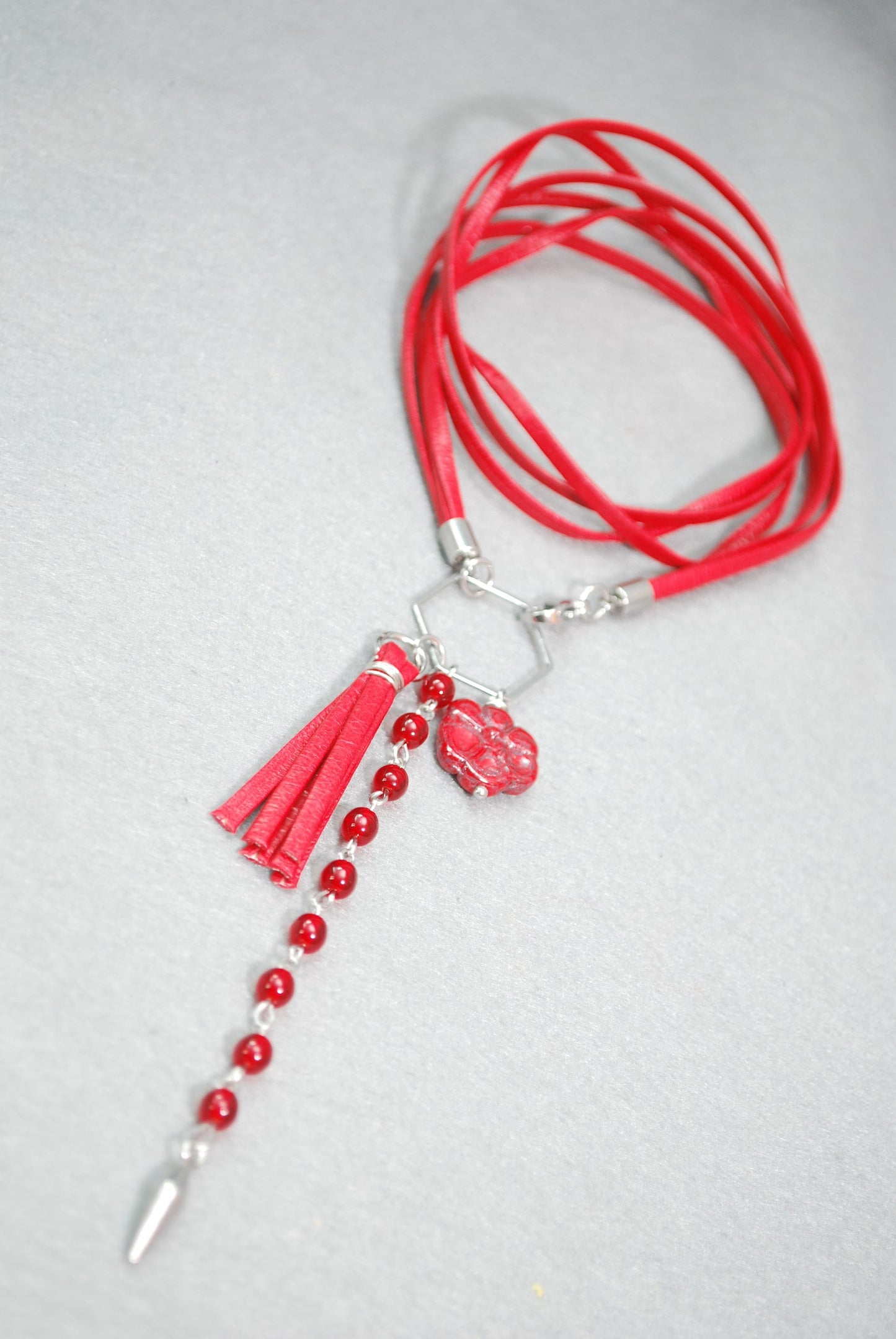 Red Leather Choker Necklace with Hexagon Pendant and Czech Glass Beads, Exquisite Handcrafted by Estibela. 47cn - 19"