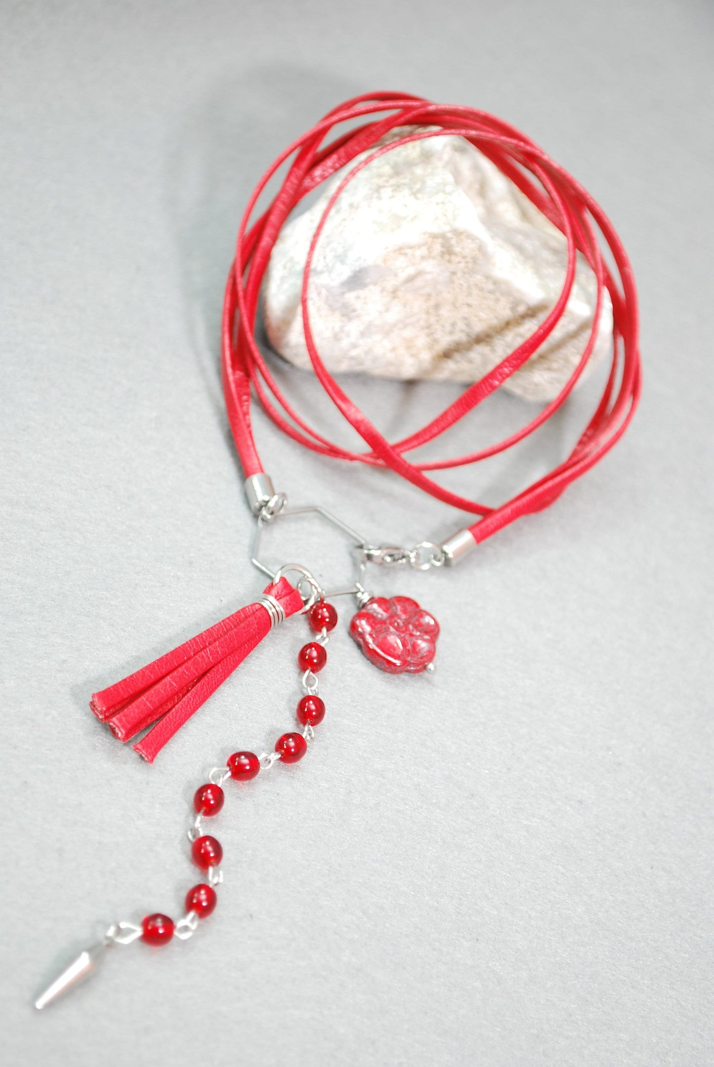 Red Leather Choker Necklace with Hexagon Pendant and Czech Glass Beads, Exquisite Handcrafted by Estibela. 47cn - 19"