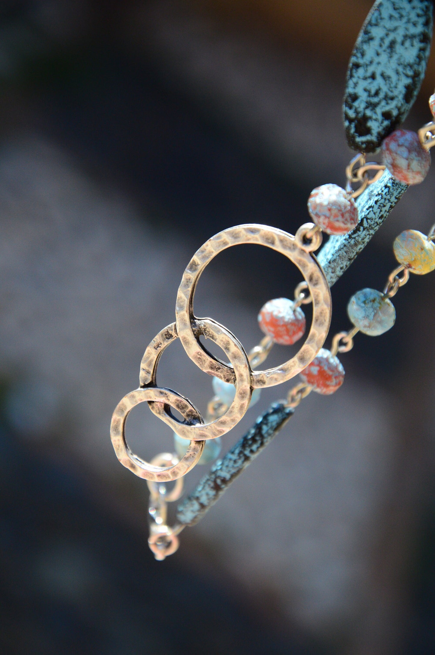 Handcrafted Bohemian Style Beaded Rings Necklace - Unique Fake Sea Glass Design, 24 Inches (62cm)