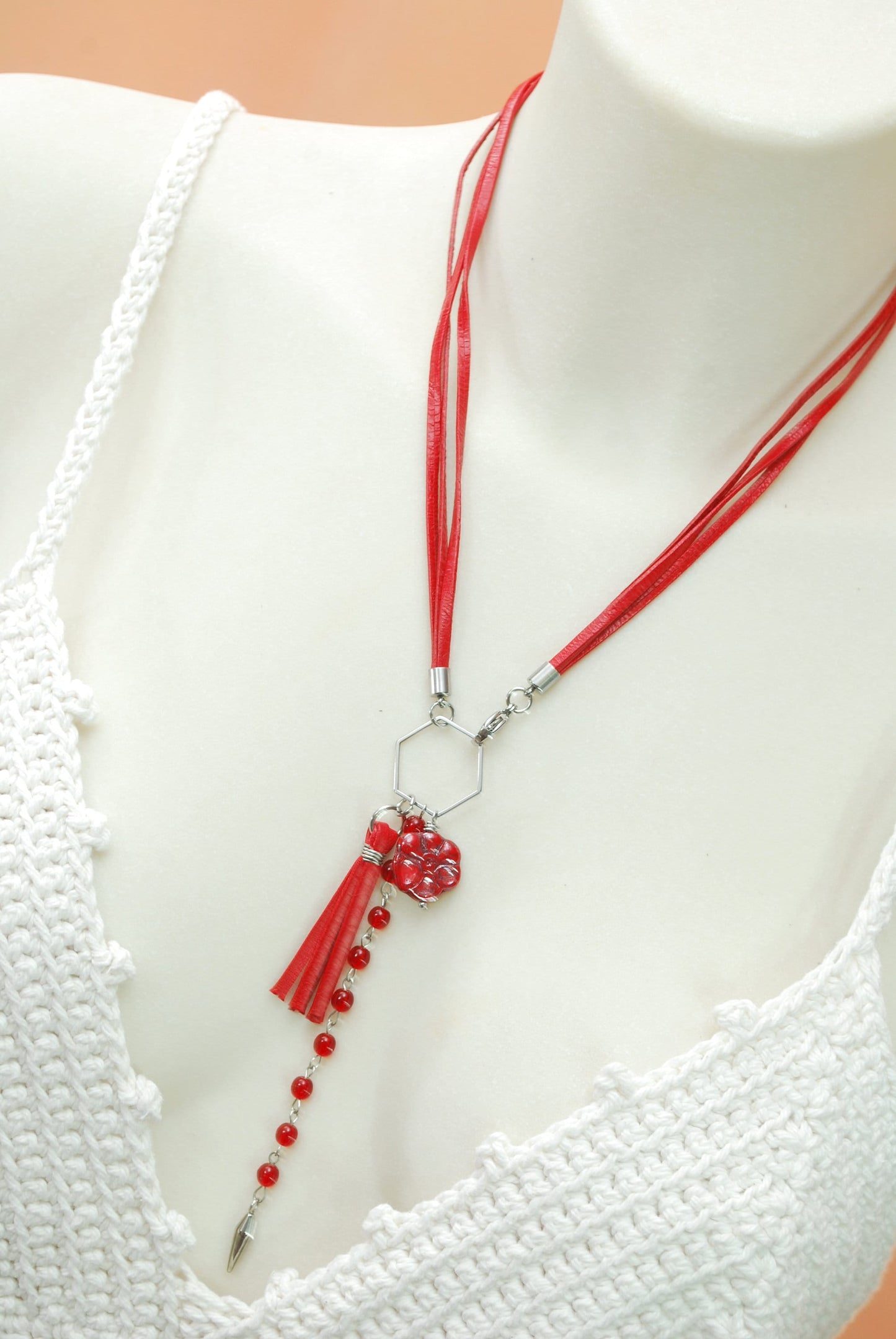 Red Leather Choker Necklace with Hexagon Pendant and Czech Glass Beads, Exquisite Handcrafted by Estibela. 47cn - 19"