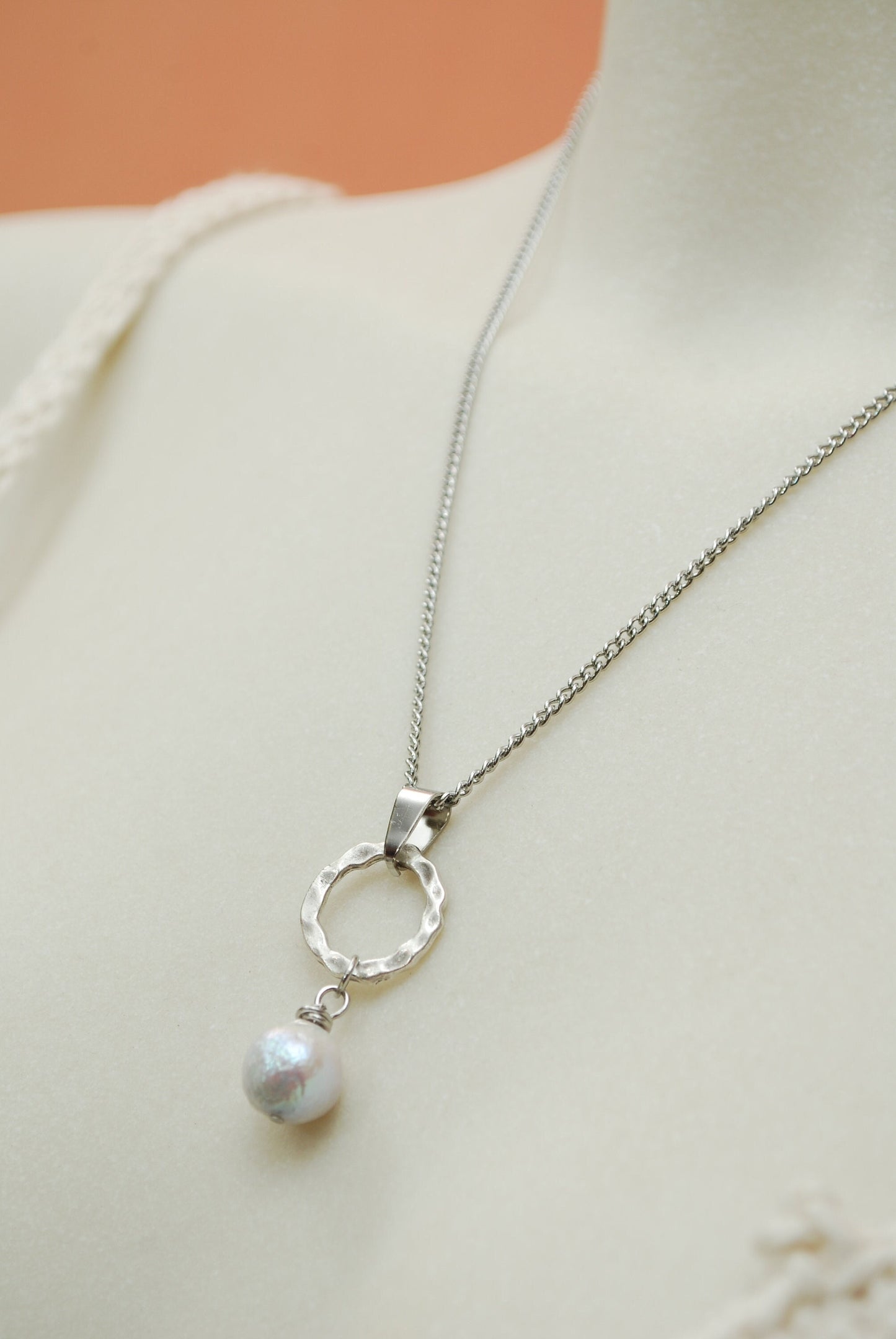 Minimalist Necklace with Baroque Freshwater Pearl Pendant.Stainles steel chain. Estibela design.