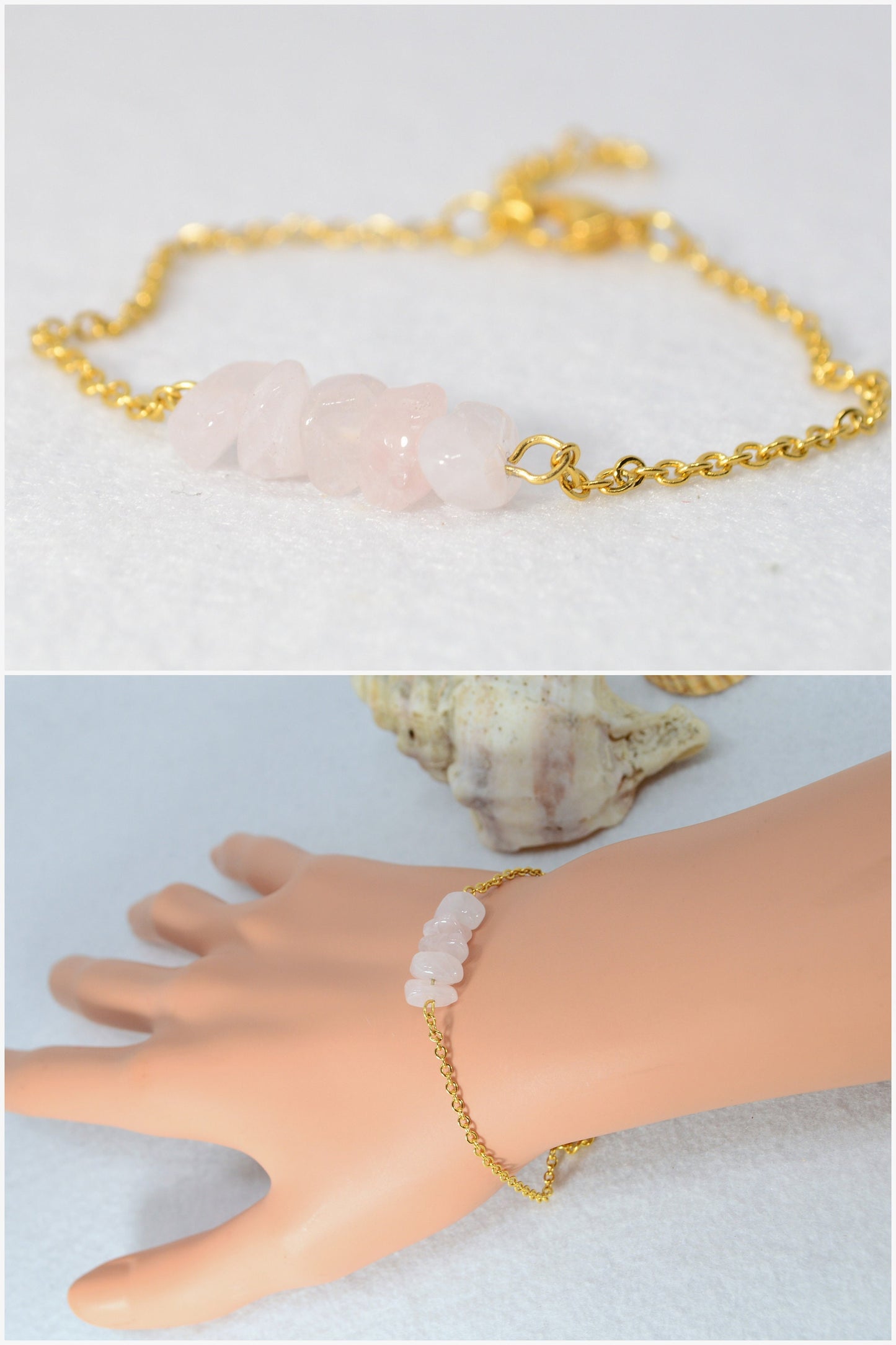 Elegant Gold-Tone Chain Bracelet with Natural Stone Beads, Stainless Steel, Versatile Women’s Accessory by Estibela Design