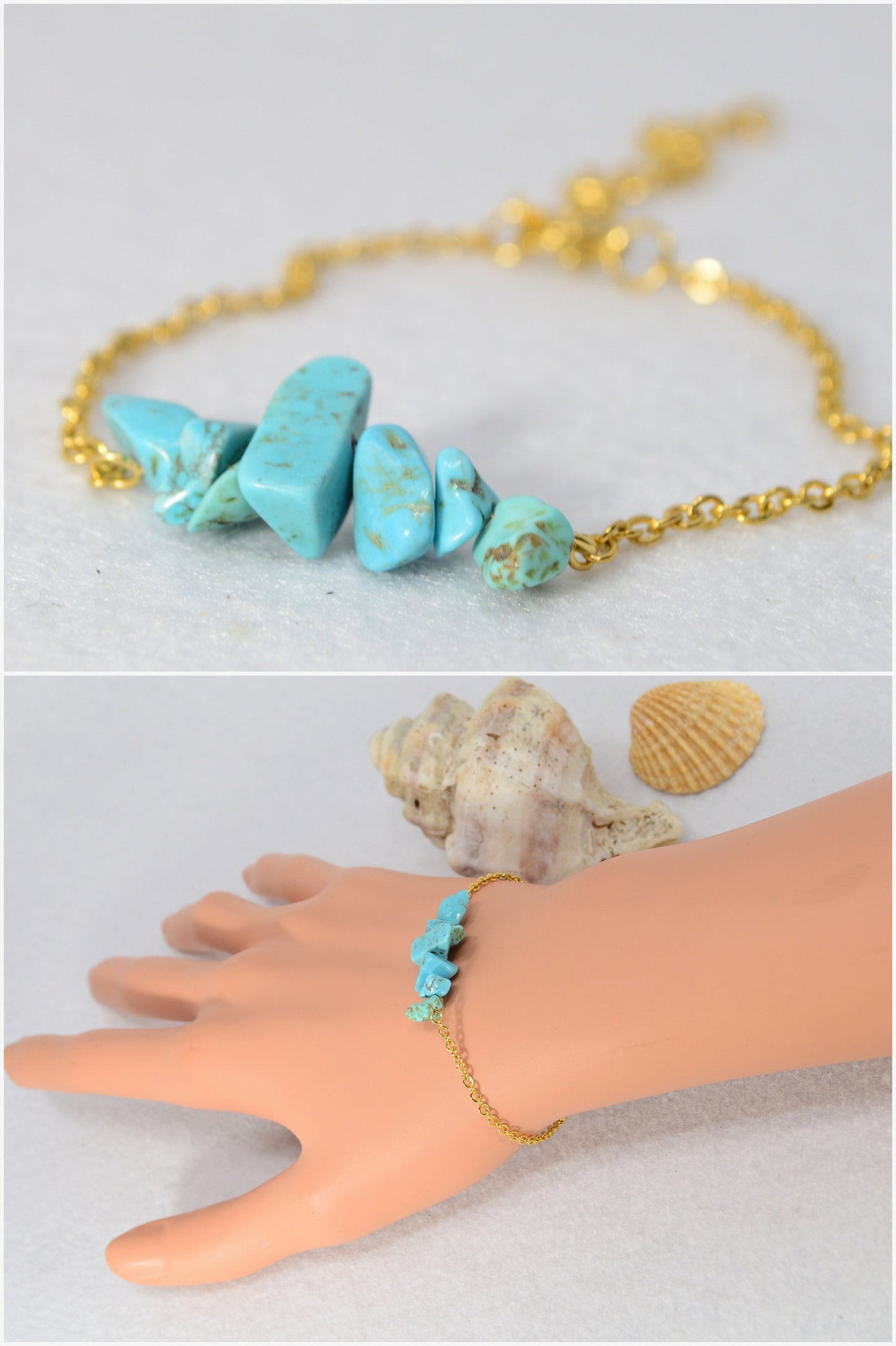 Elegant Gold-Tone Chain Bracelet with Natural Stone Beads, Stainless Steel, Versatile Women’s Accessory by Estibela Design