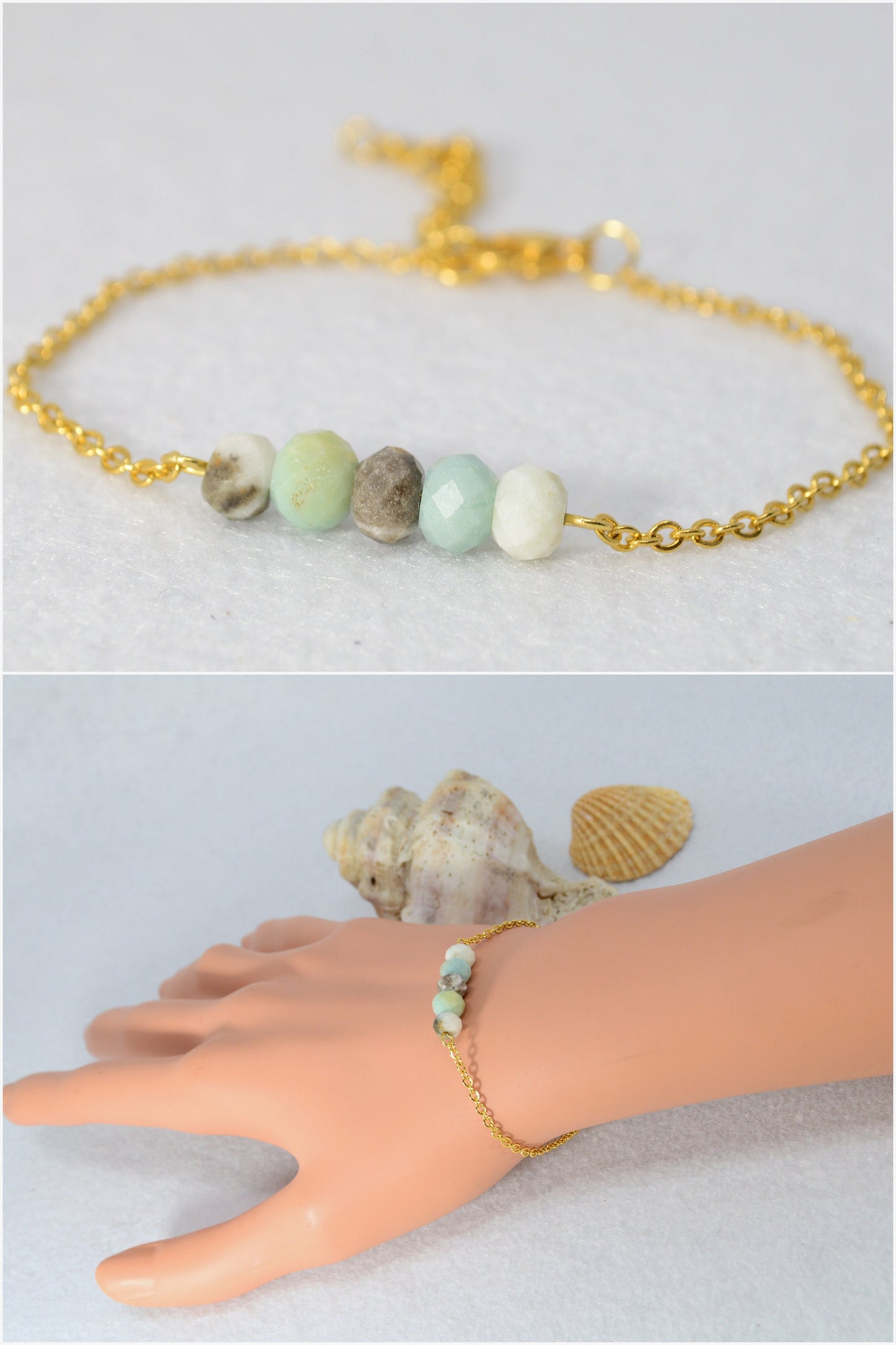 Elegant Gold-Tone Chain Bracelet with Natural Stone Beads, Stainless Steel, Versatile Women’s Accessory by Estibela Design