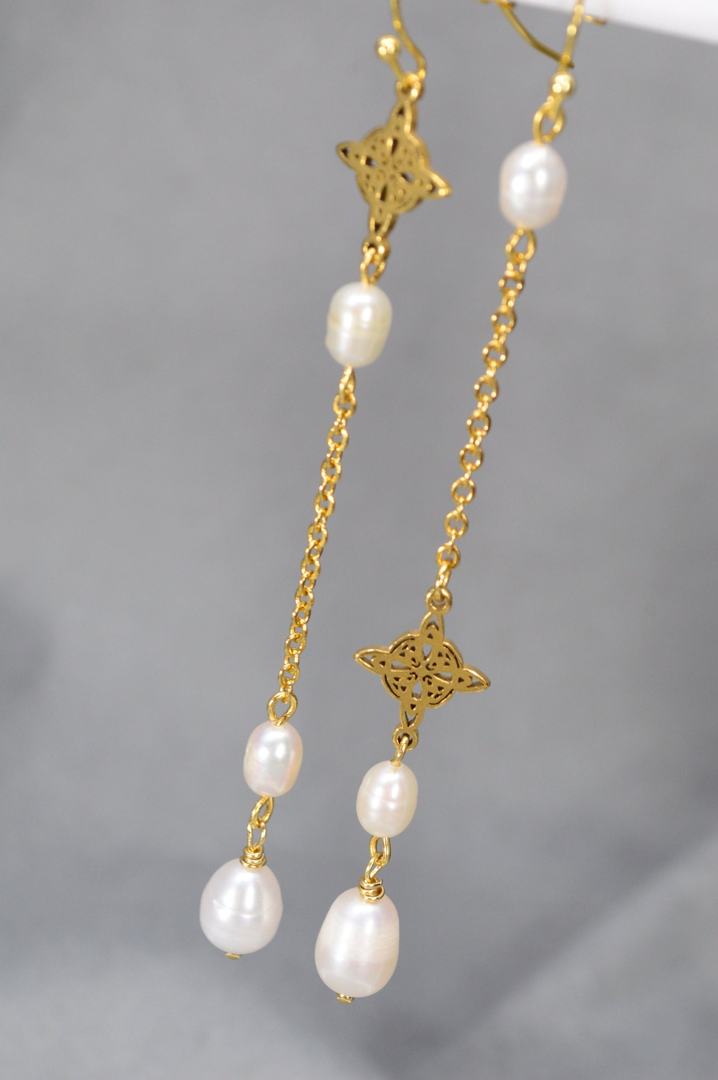 Gold Stainless Steel Earrings with Asymmetric Design and Pearl Accents by Estibela Design - Perfect for Boho, Romantic Styles 9.5cm - 3.7"