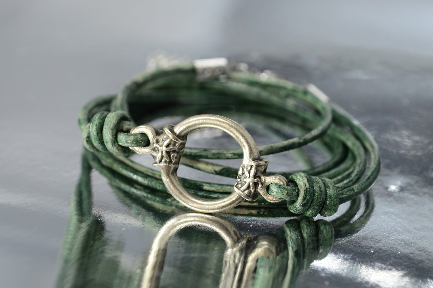 Adjustable Vintage-Style Leather Bracelet with Distressed Green and Gray Strands and Boho Silver Ring