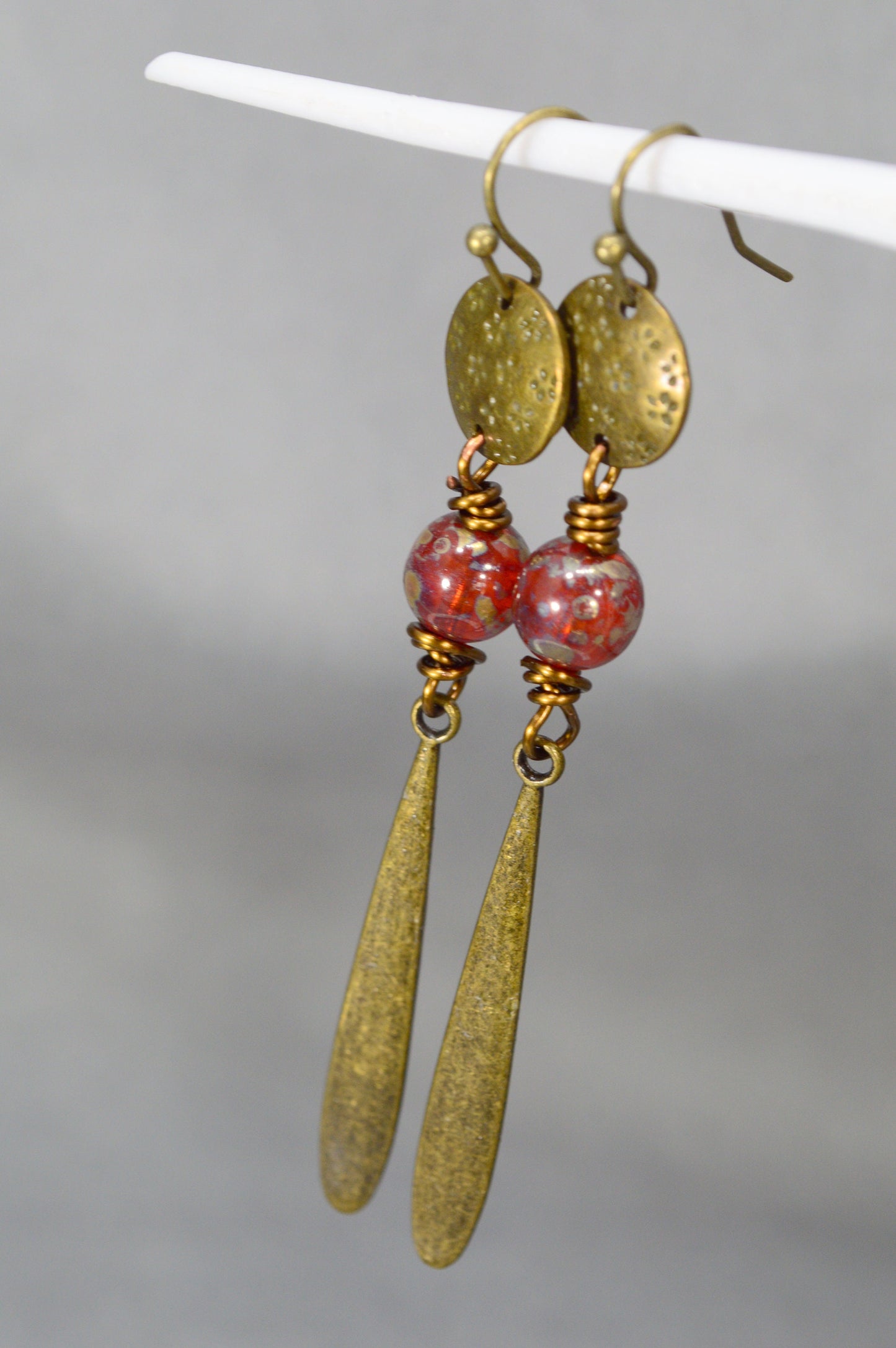 Bronze Boho Earrings, Czech Glass Bead & Unique Terracotta Geometric Jewelry