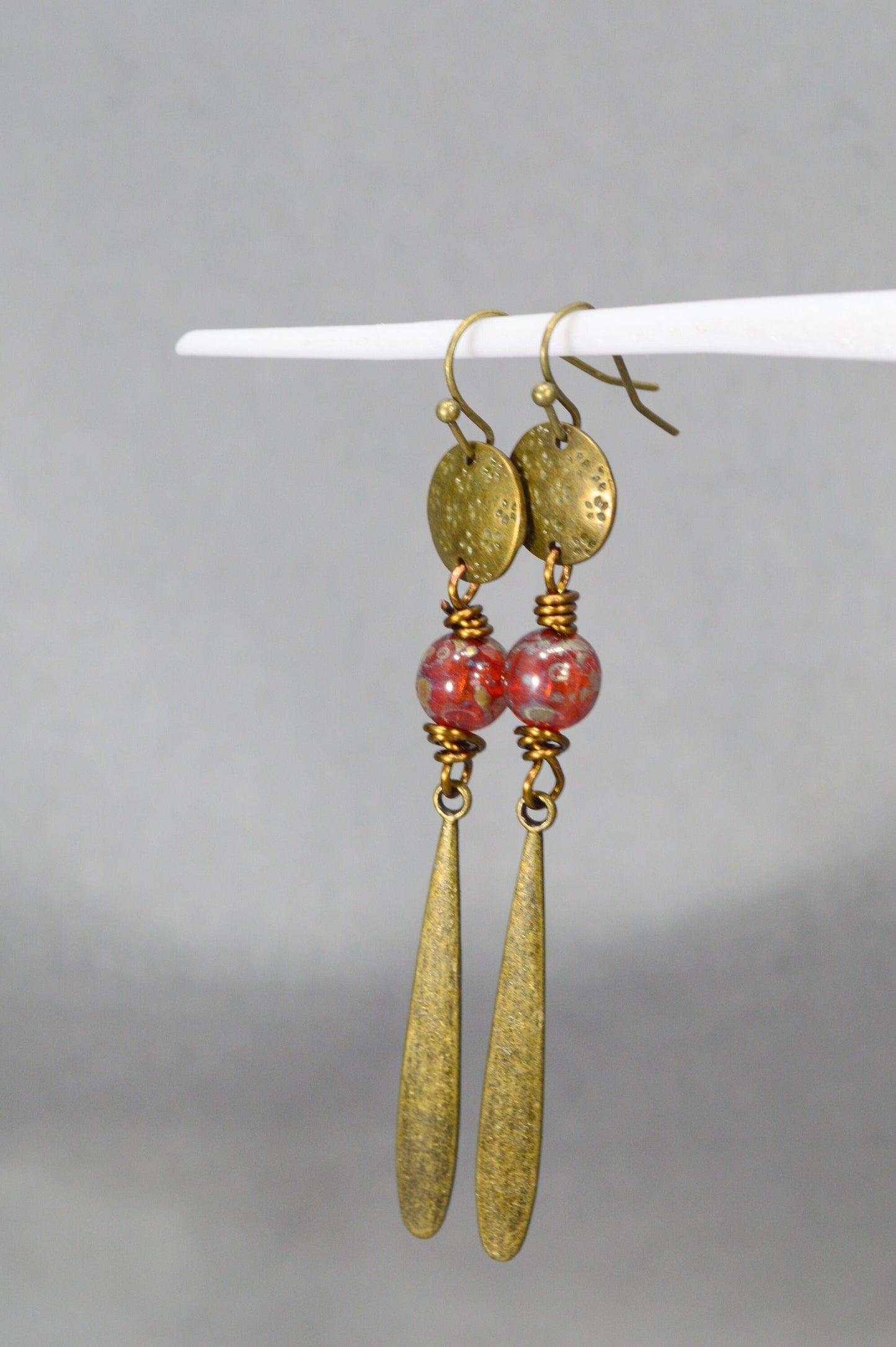 Bronze Boho Earrings, Czech Glass Bead & Unique Terracotta Geometric Jewelry