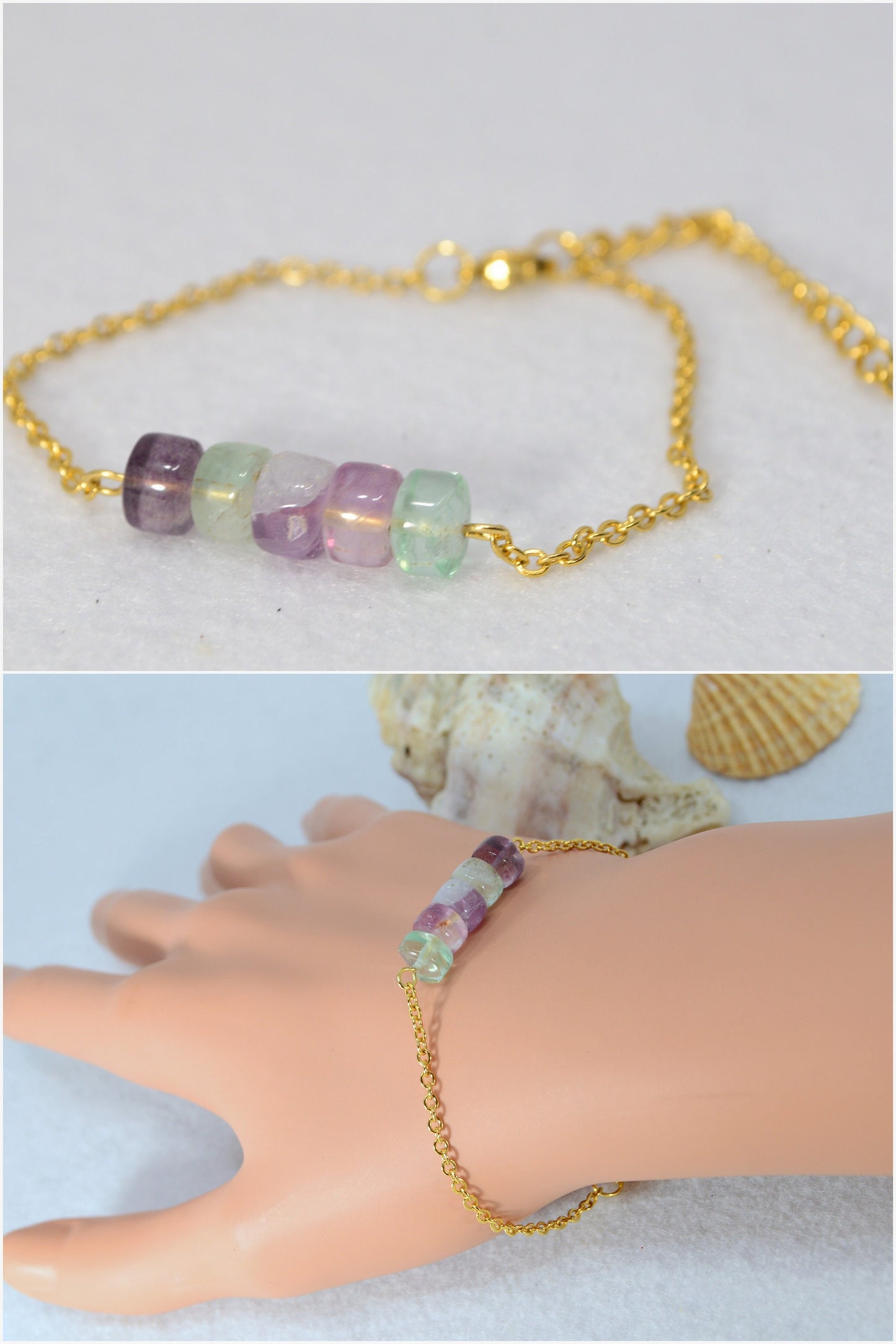 Elegant Gold-Tone Chain Bracelet with Natural Stone Beads, Stainless Steel, Versatile Women’s Accessory by Estibela Design