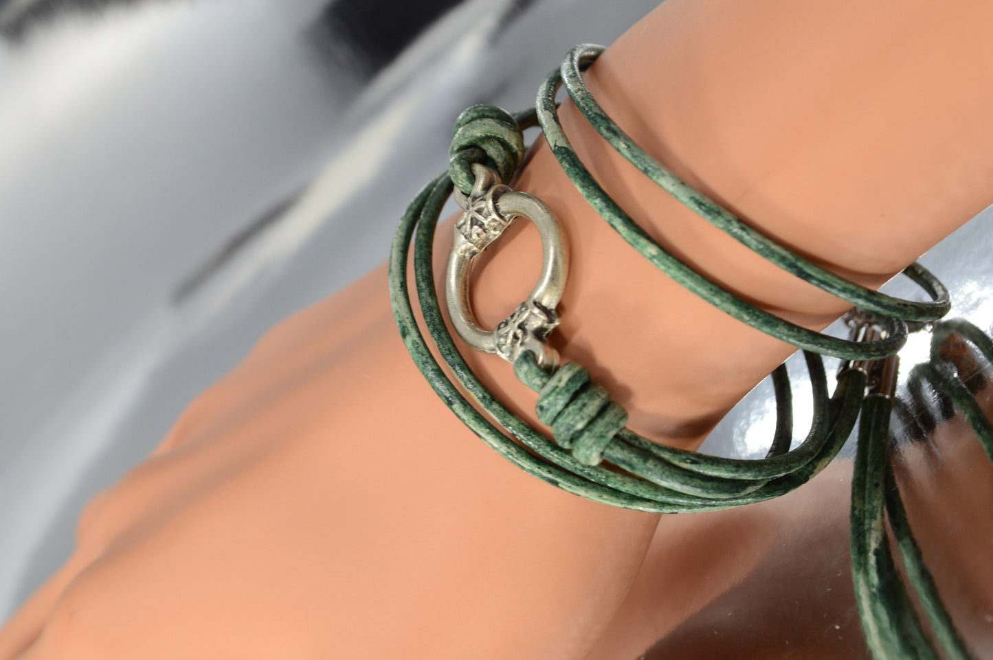 Adjustable Vintage-Style Leather Bracelet with Distressed Green and Gray Strands and Boho Silver Ring