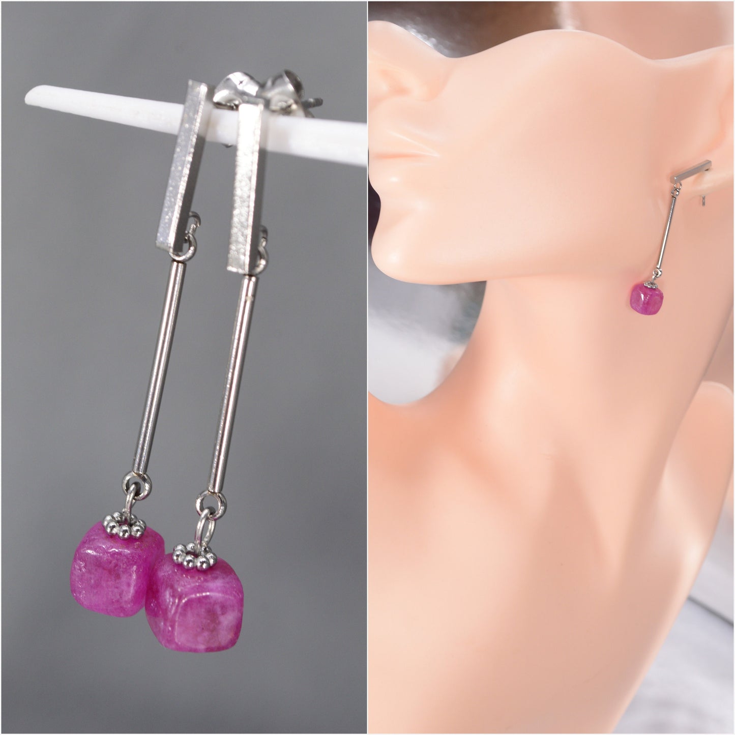 Stainless Steel Stick & Natural Stone Beads. 5cm 2". Elegant everyday earrings. Simple style. Estibela design.