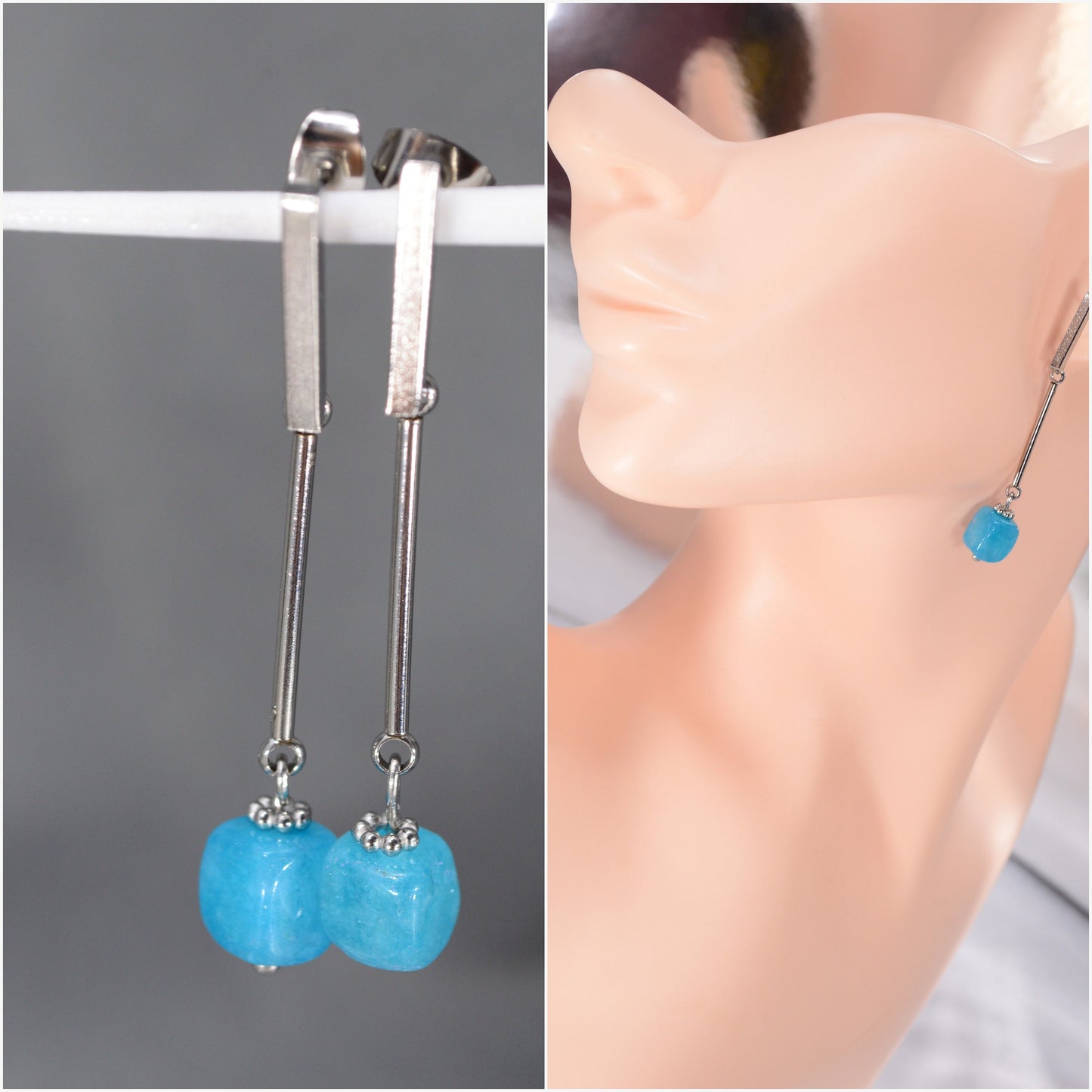 Stainless Steel Stick & Natural Stone Beads. 5cm 2". Elegant everyday earrings. Simple style. Estibela design.