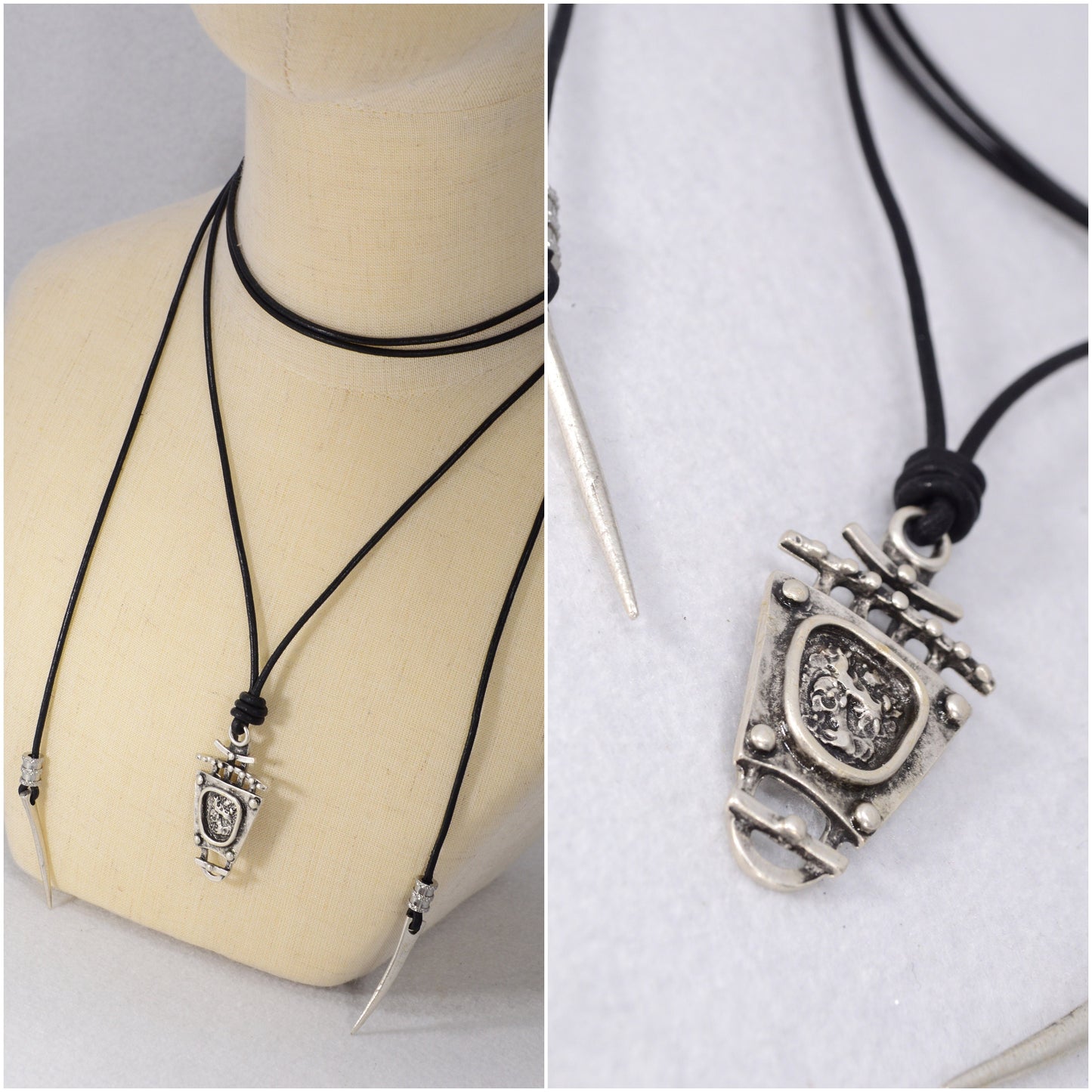 Tribal boho pendant. Black leather cord necklace trends. Boho chic accessory for women. Estibela design.