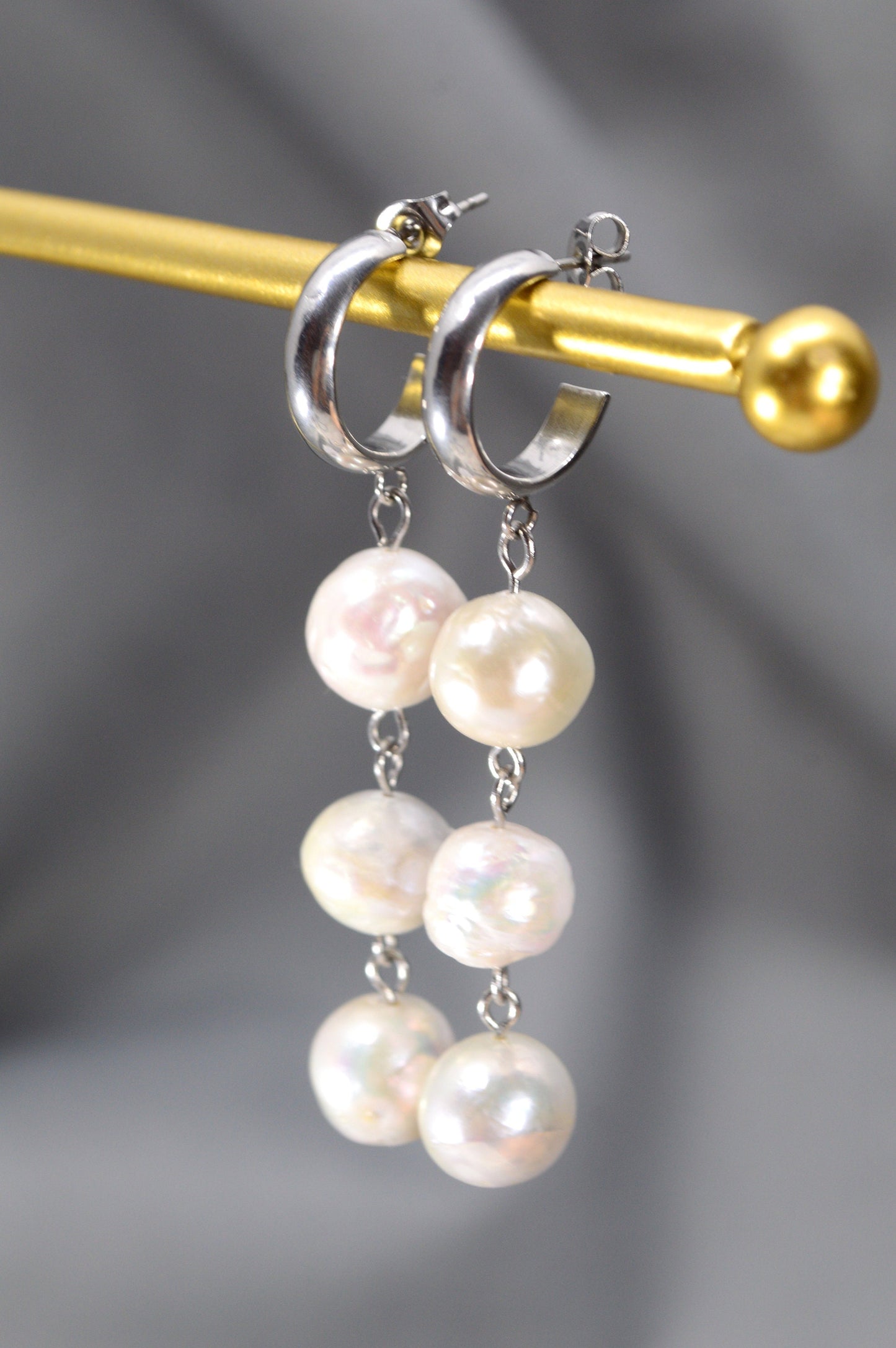 Baroque Freshwater Pearl Stud Earrings with Cascading Round Pearls - Boho Wedding Jewelry, 6.1cm - 2.3"