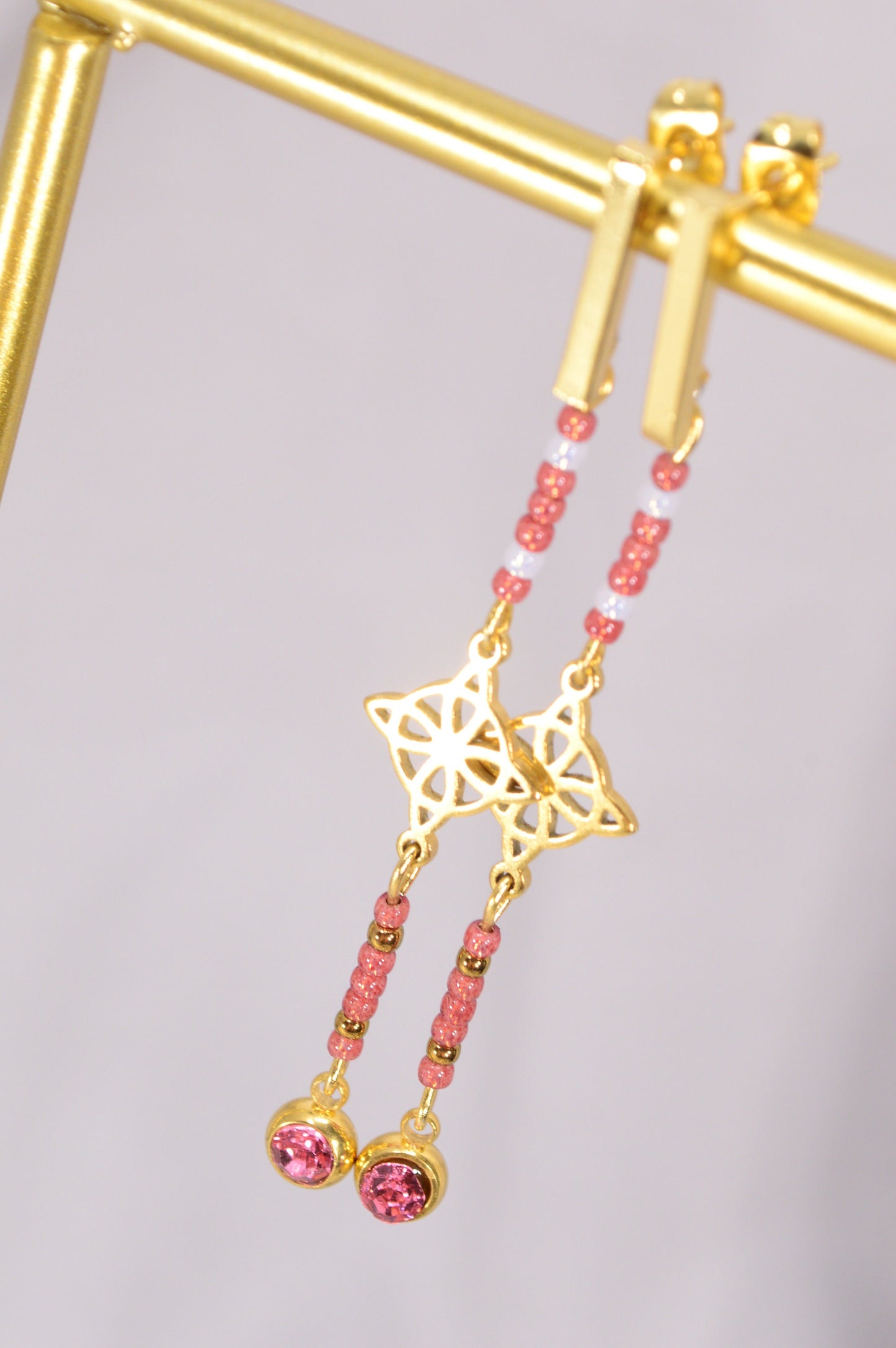 Cascading Pink Beaded Earrings. Estibela Design. Long beaded earrings. 7.3cm - 3"