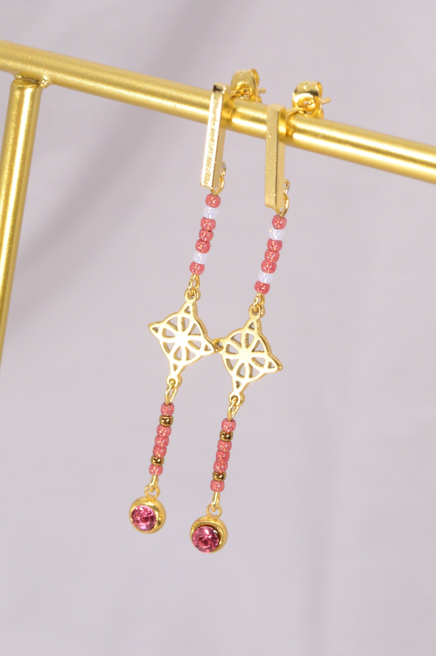 Cascading Pink Beaded Earrings. Estibela Design. Long beaded earrings. 7.3cm - 3"