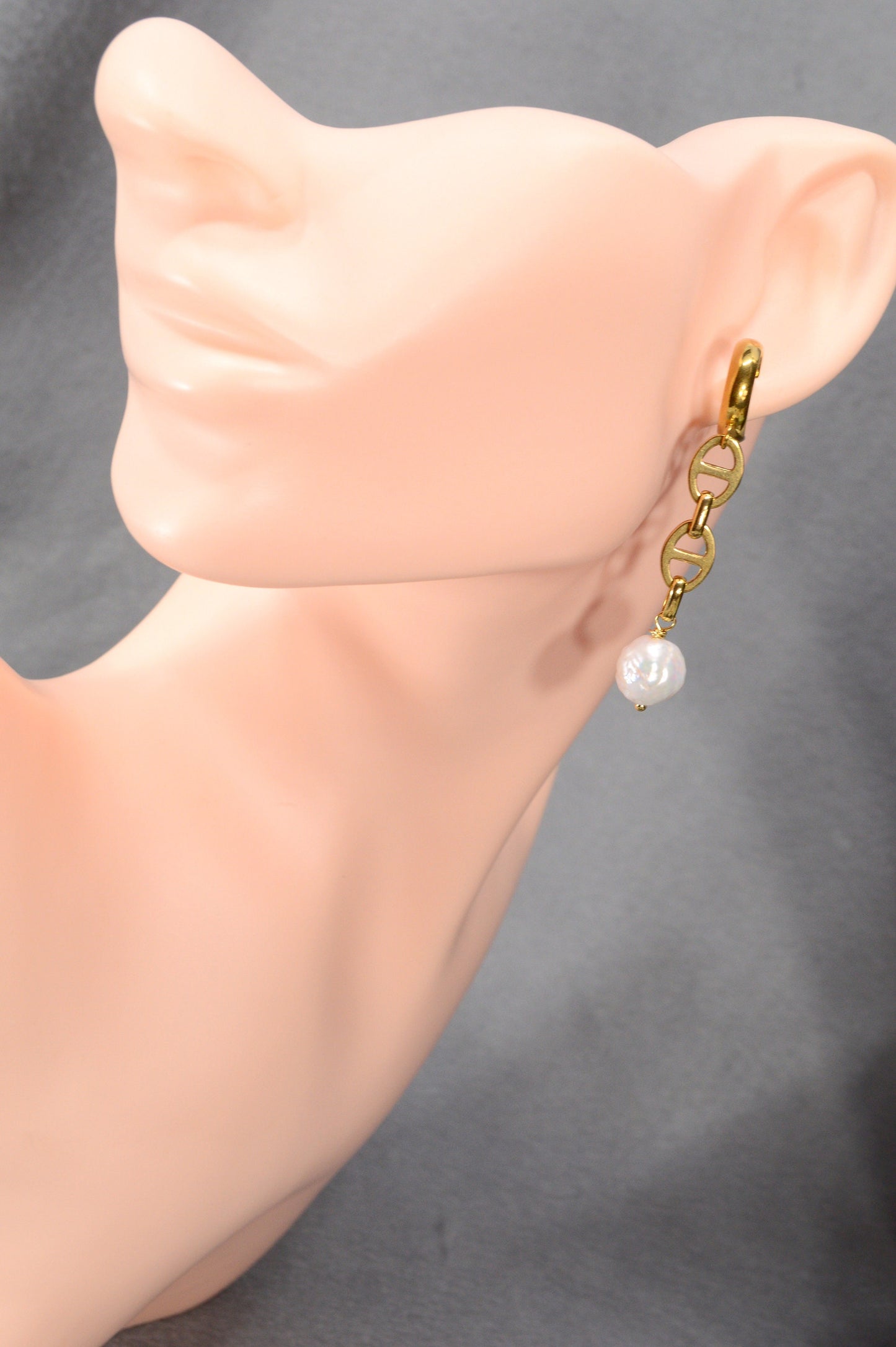 Baroque freshwater pearl earrings with unique Pig Snout Oval Chain Link. 6cm - 2.2"