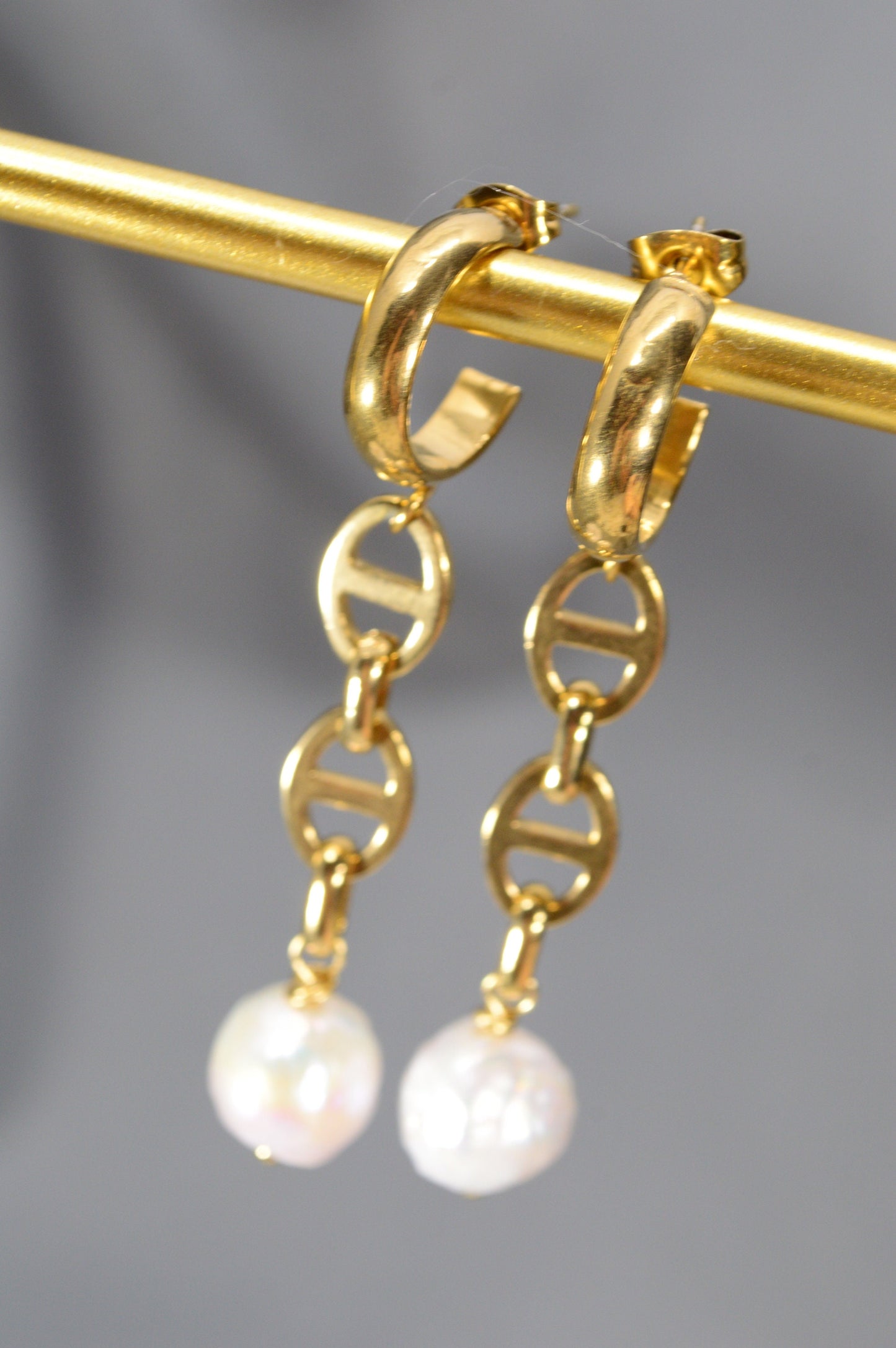 Baroque freshwater pearl earrings with unique Pig Snout Oval Chain Link. 6cm - 2.2"