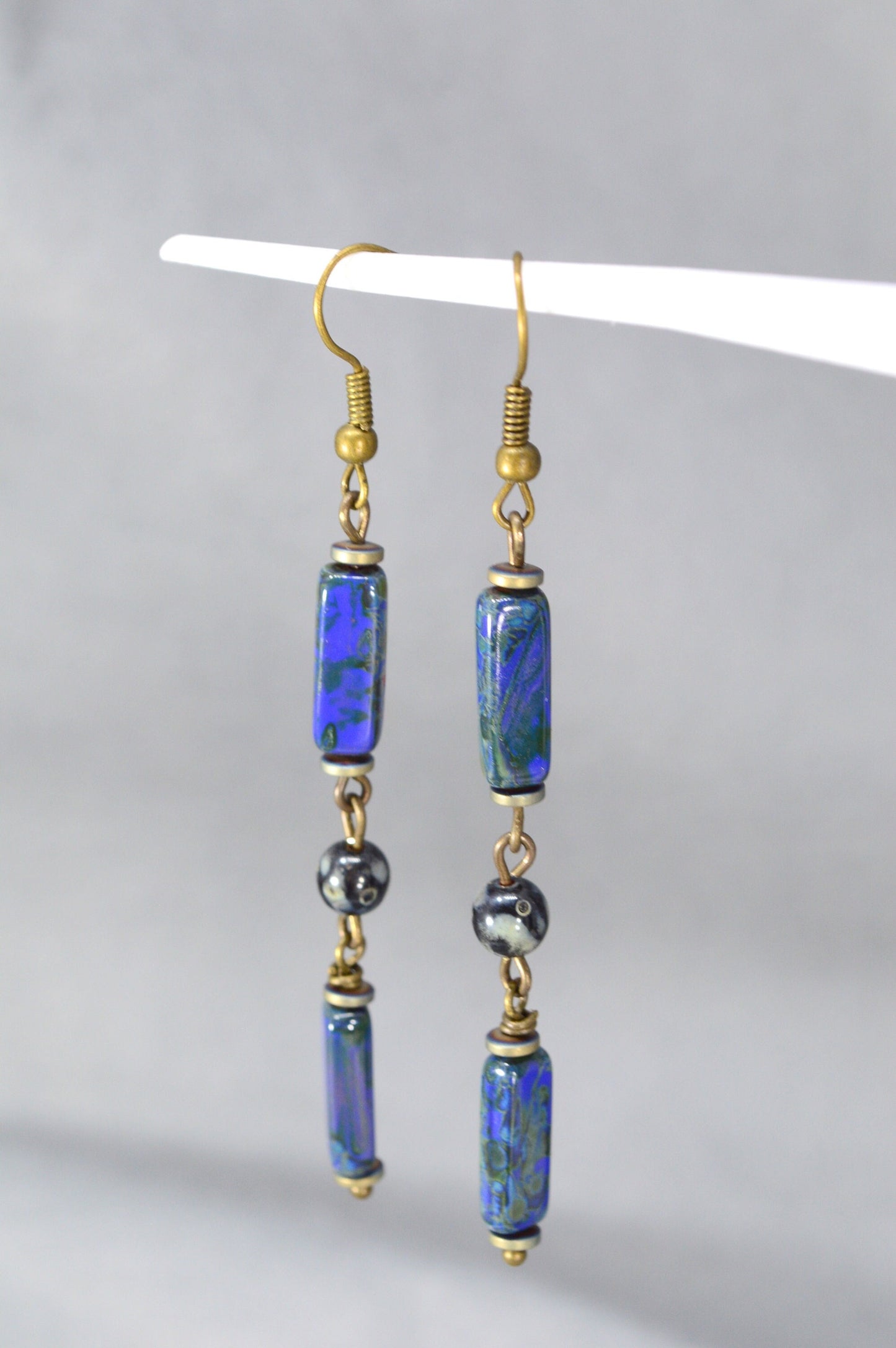 Boho Bronze Cascading Earrings with Picasso Blue Beads | Estibela Design. 8cm - 3.1"