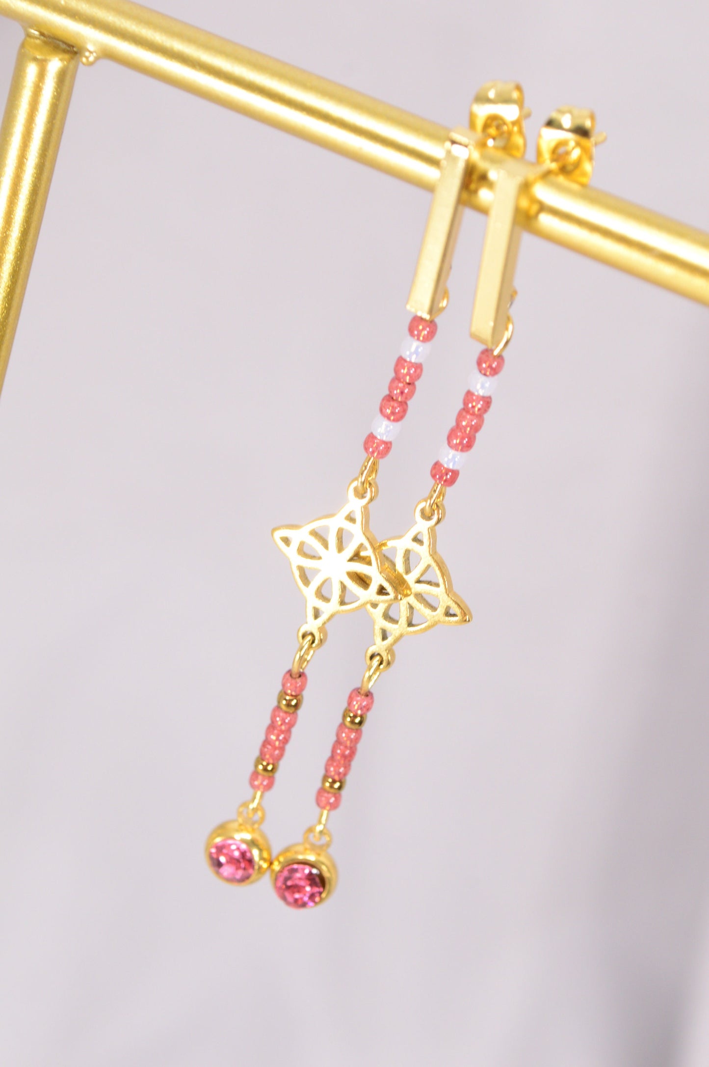 Cascading Pink Beaded Earrings. Estibela Design. Long beaded earrings. 7.3cm - 3"