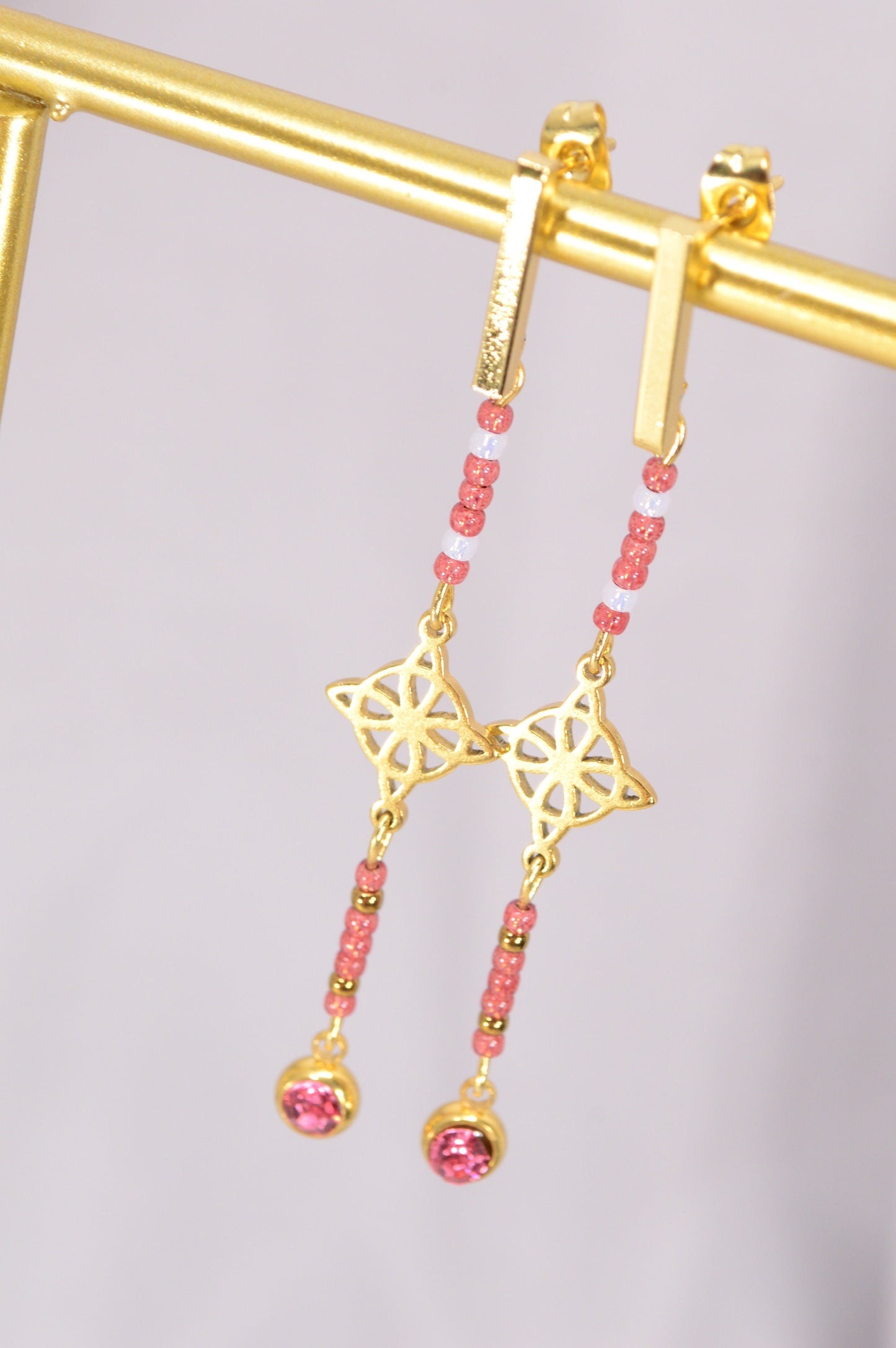 Cascading Pink Beaded Earrings. Estibela Design. Long beaded earrings. 7.3cm - 3"
