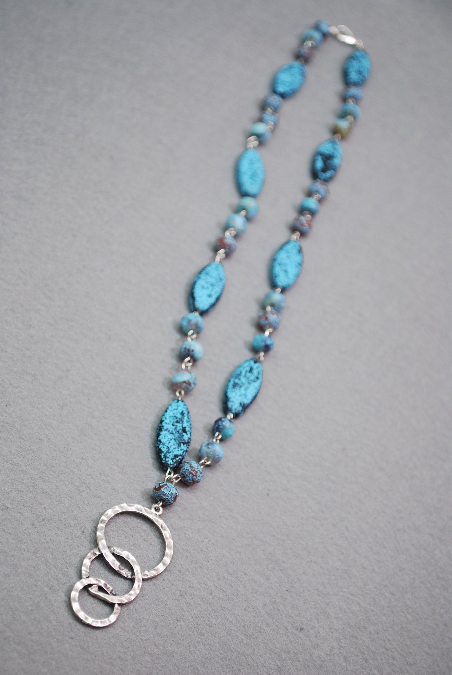 Handcrafted Bohemian Style Beaded Rings Necklace - Unique Fake Sea Glass Design, 24 Inches (62cm)
