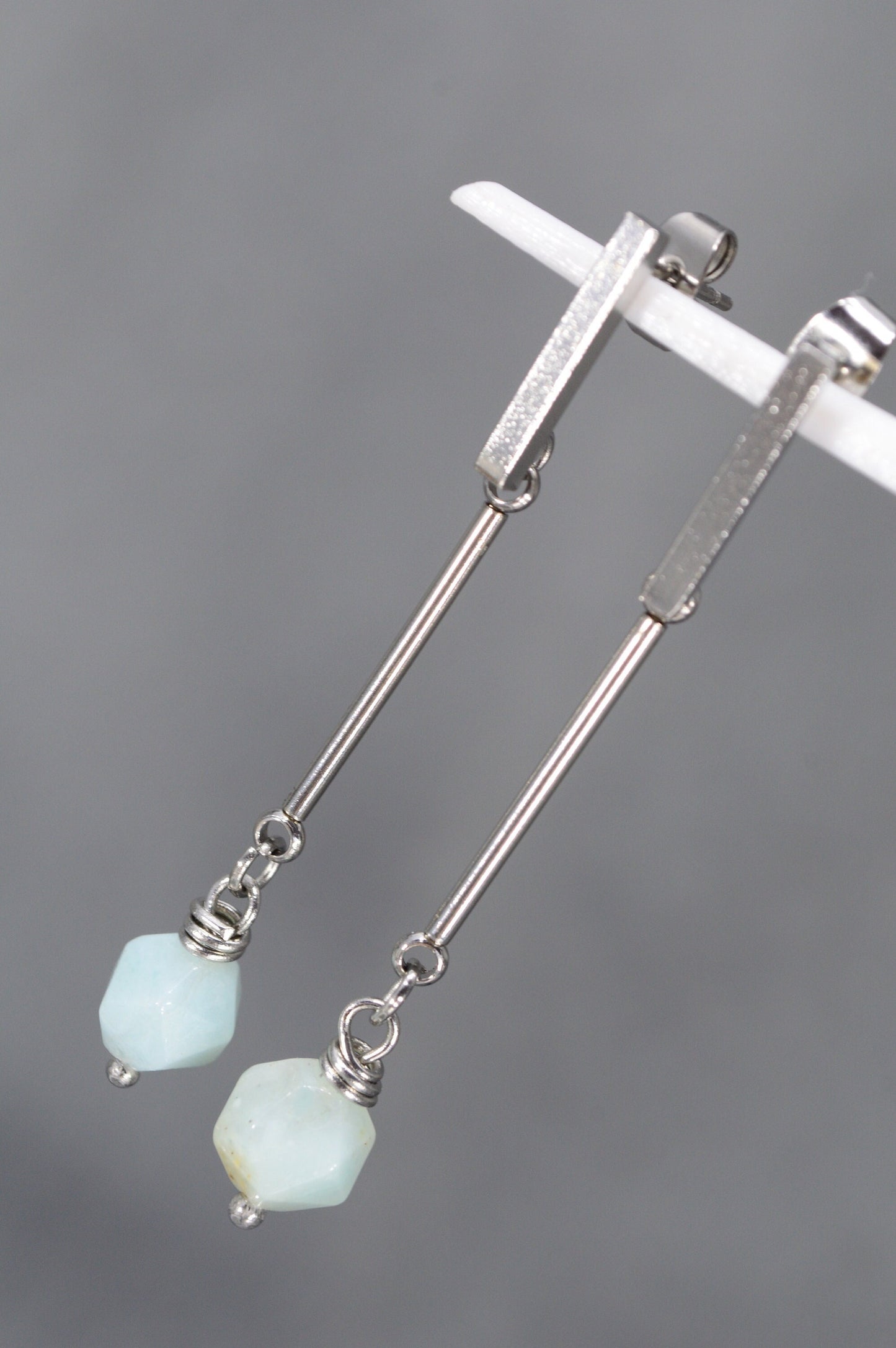 Stainless Steel Stick & Natural Stone Beads. 5cm 2". Elegant everyday earrings. Simple style. Estibela design.