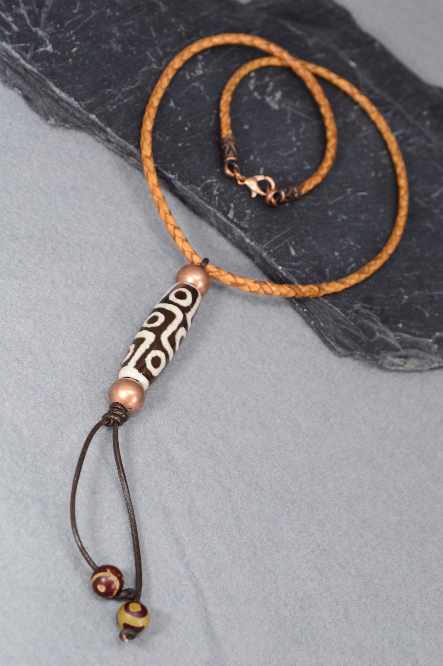 Ethnic Jewelry: Braided Leather Cord with Tibetan Dzi Bead and Tassels, Agate Beads, Protection, Luck, Spiritual Growth, Unique Gift.