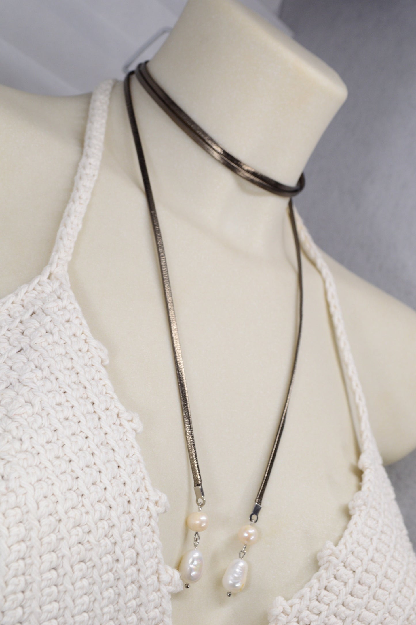 Long Sexy leather Y necklacr with freshwater pearls, a unique jewelry piece for creating trendy and bold looks. About 120cm - 47".