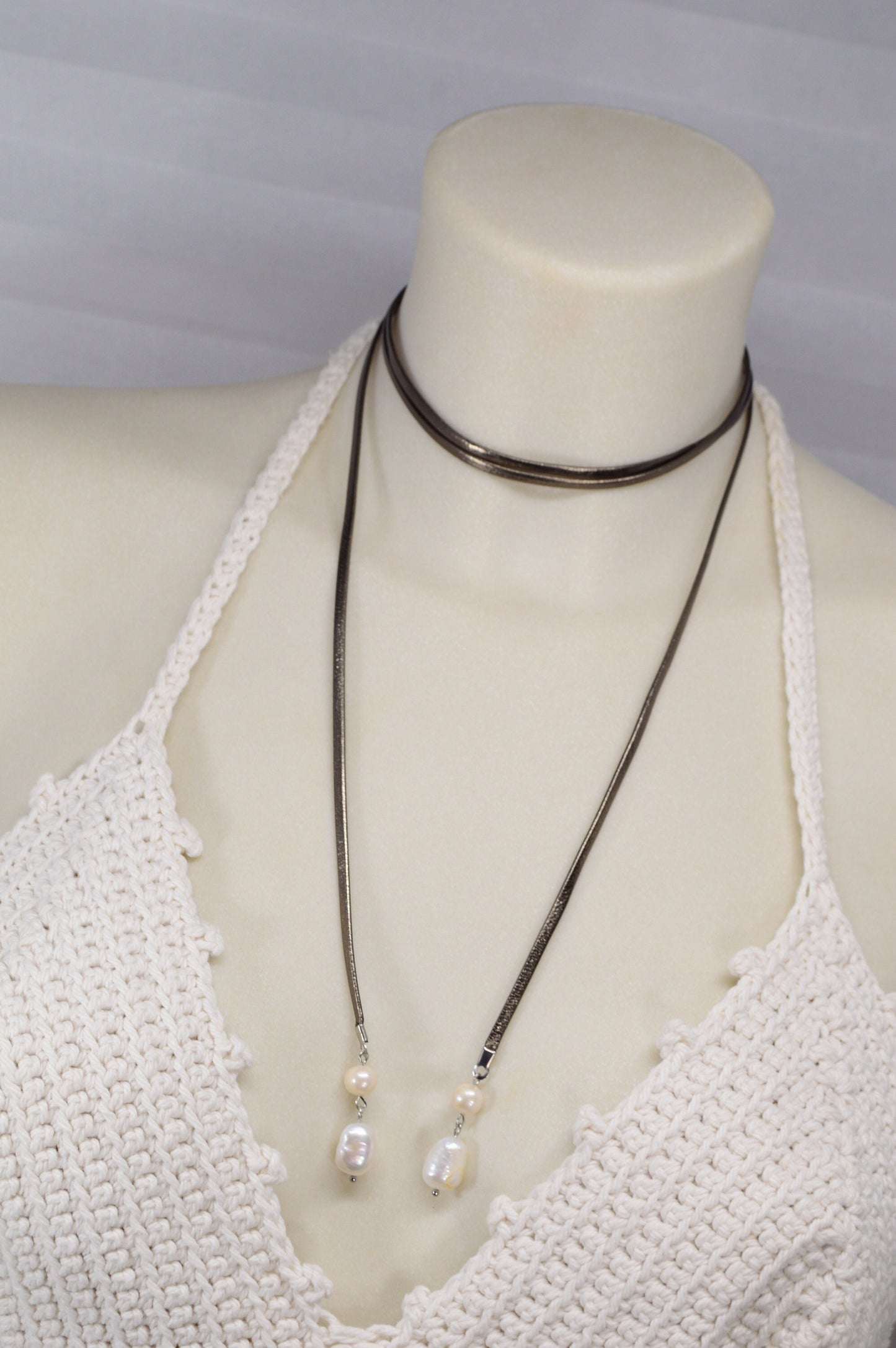 Long Sexy leather Y necklacr with freshwater pearls, a unique jewelry piece for creating trendy and bold looks. About 120cm - 47".
