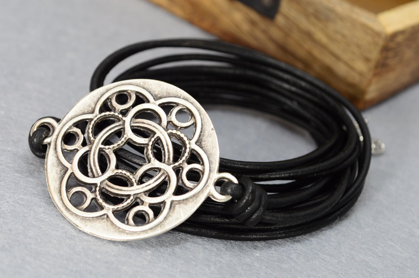 NEW *** Multi layers vintage green / gray / black / brown leather bracelet, boho outfit. Estibela design. Adjustible bracelet.