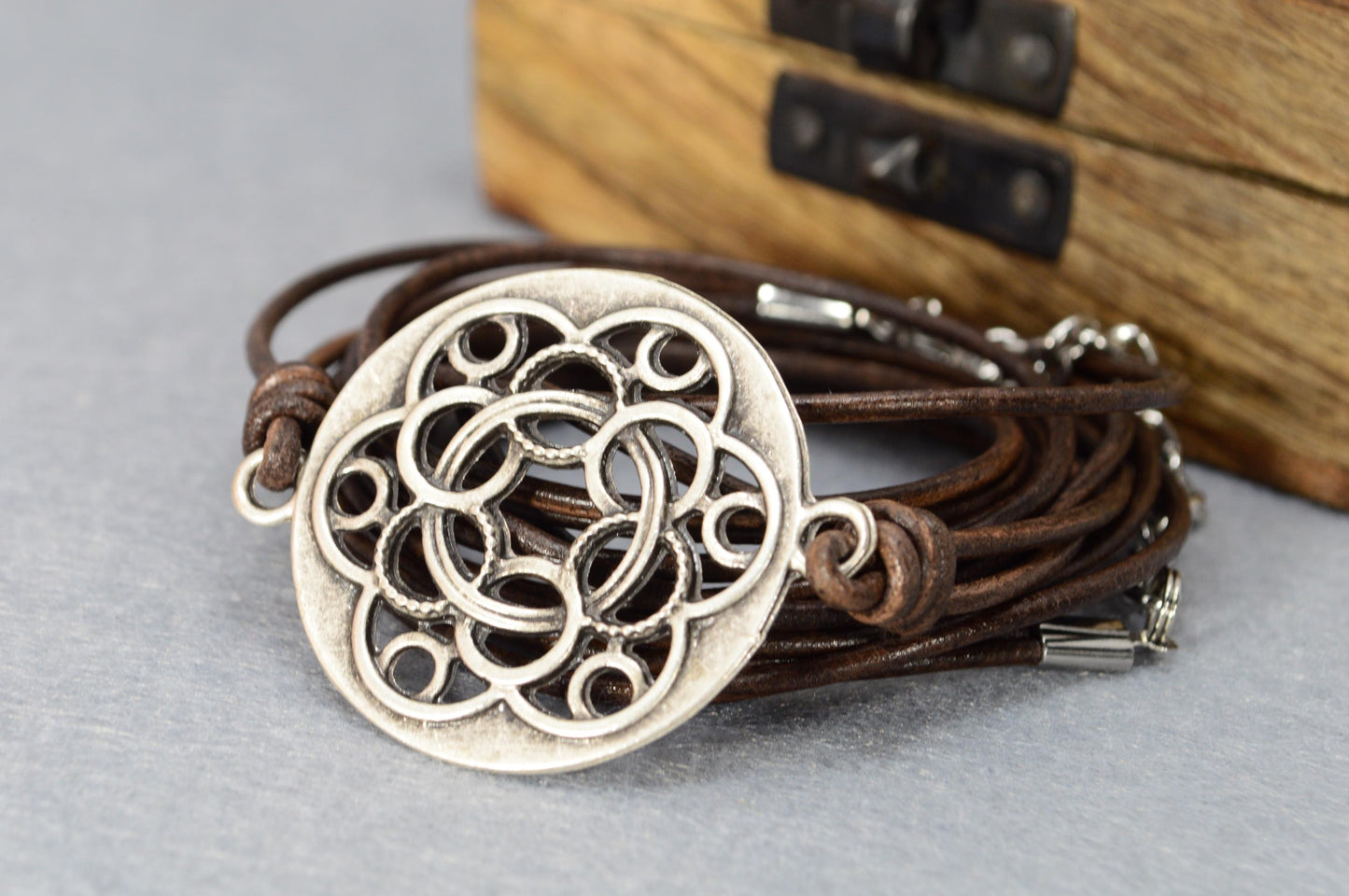 NEW *** Multi layers vintage green / gray / black / brown leather bracelet, boho outfit. Estibela design. Adjustible bracelet.
