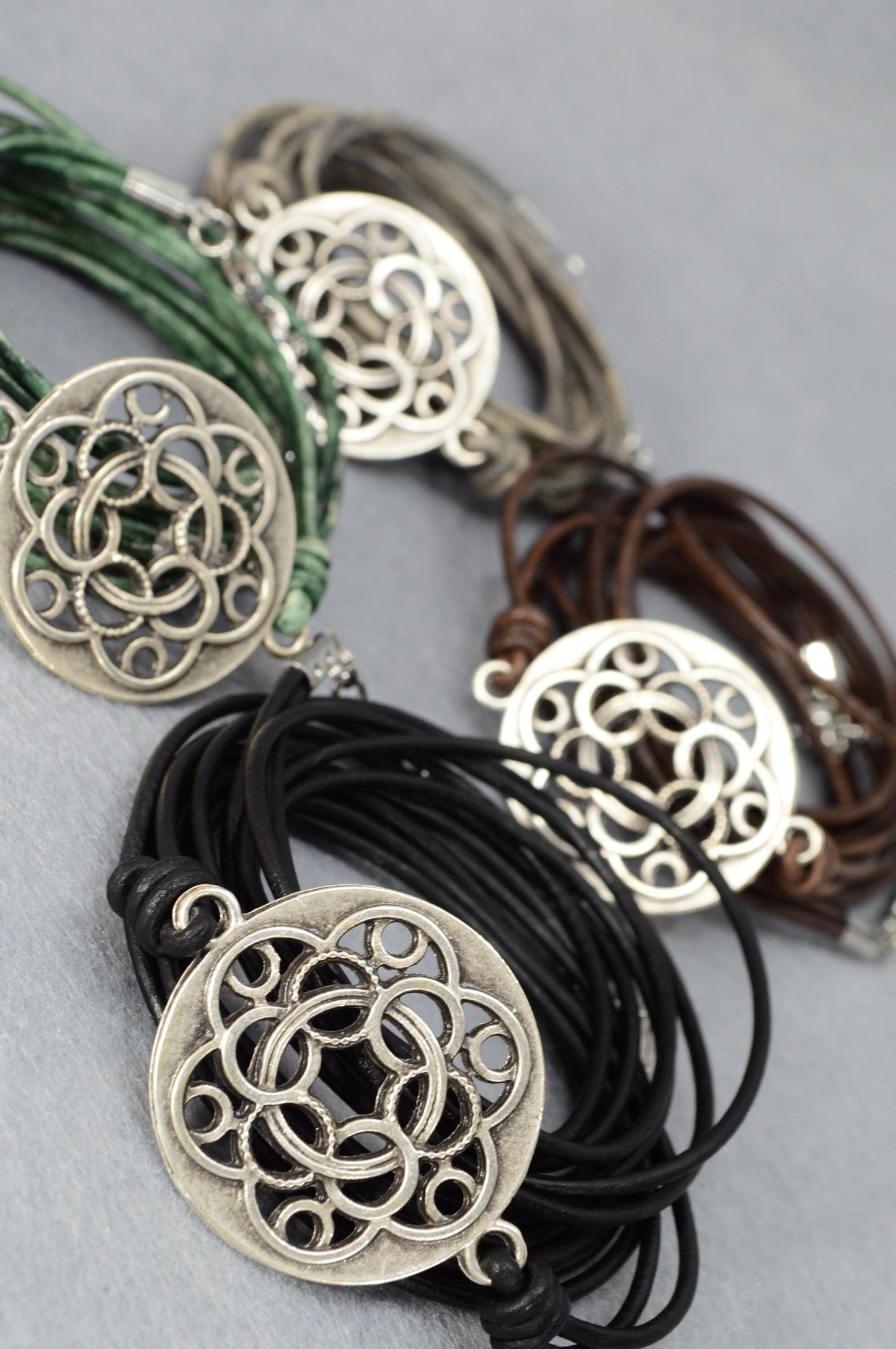 NEW *** Multi layers vintage green / gray / black / brown leather bracelet, boho outfit. Estibela design. Adjustible bracelet.