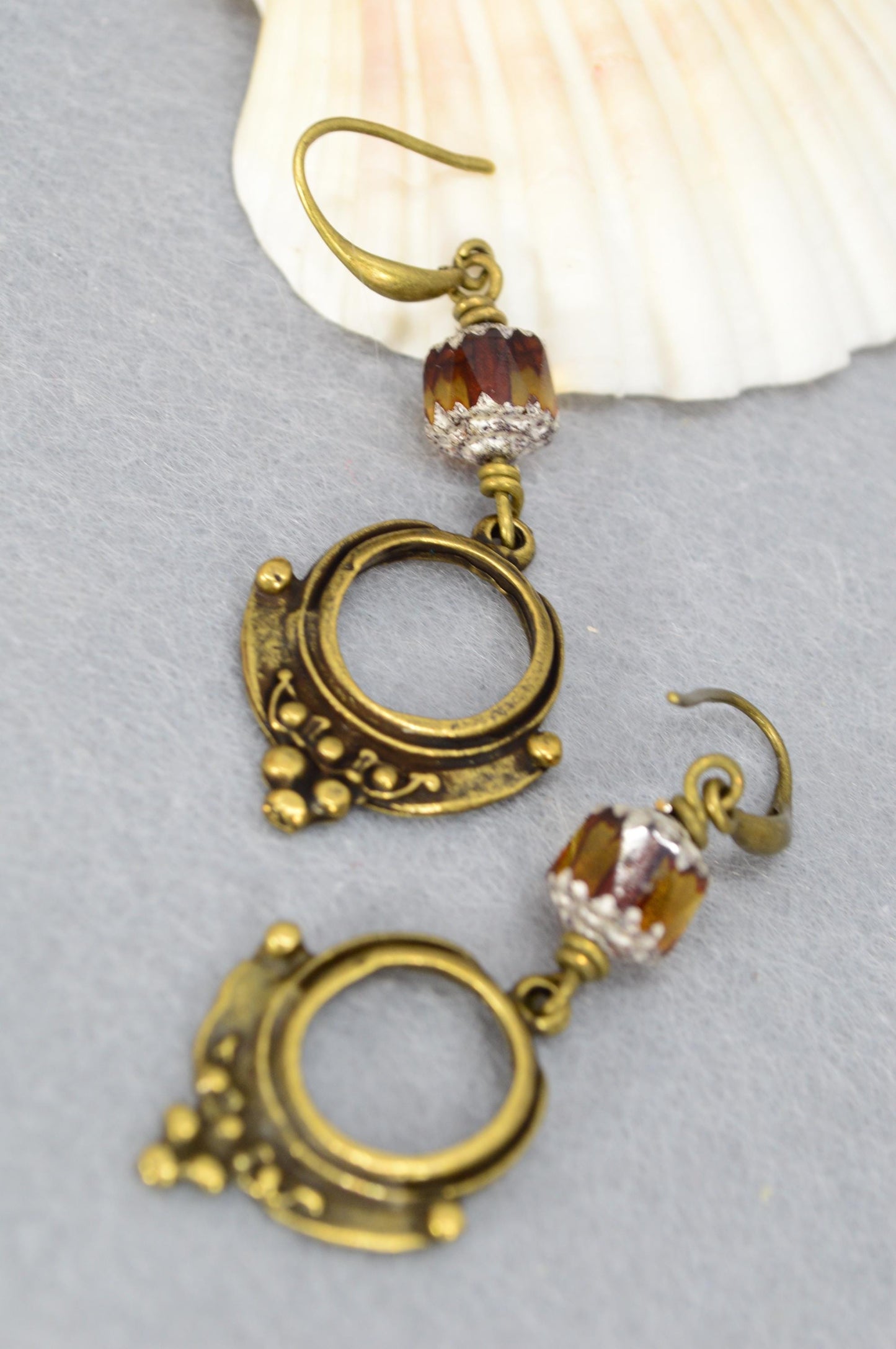 NEW *** Antique Brass Dangle Earrings with Honey color beads, Vintage Boho Style, Unique Design by Estibela, Caramel Earrings, 5cm - 2 "
