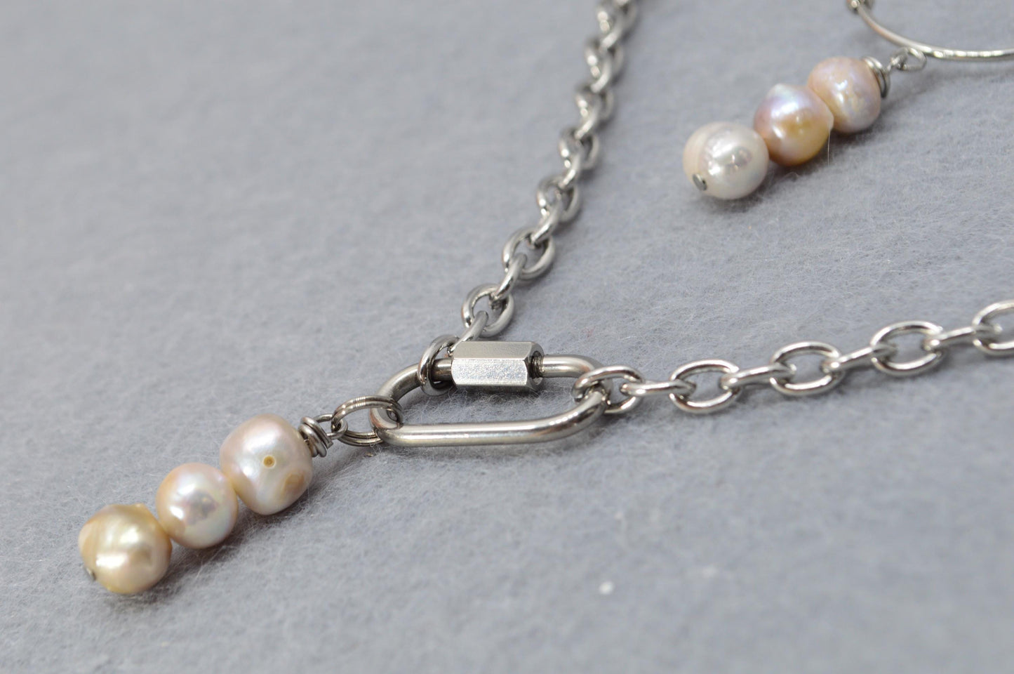 Baroque Freshwater Pearl & Stainless Steel Chain Jewelry Set: Unique Necklace, Hoop Earrings – Ready-to-Gift