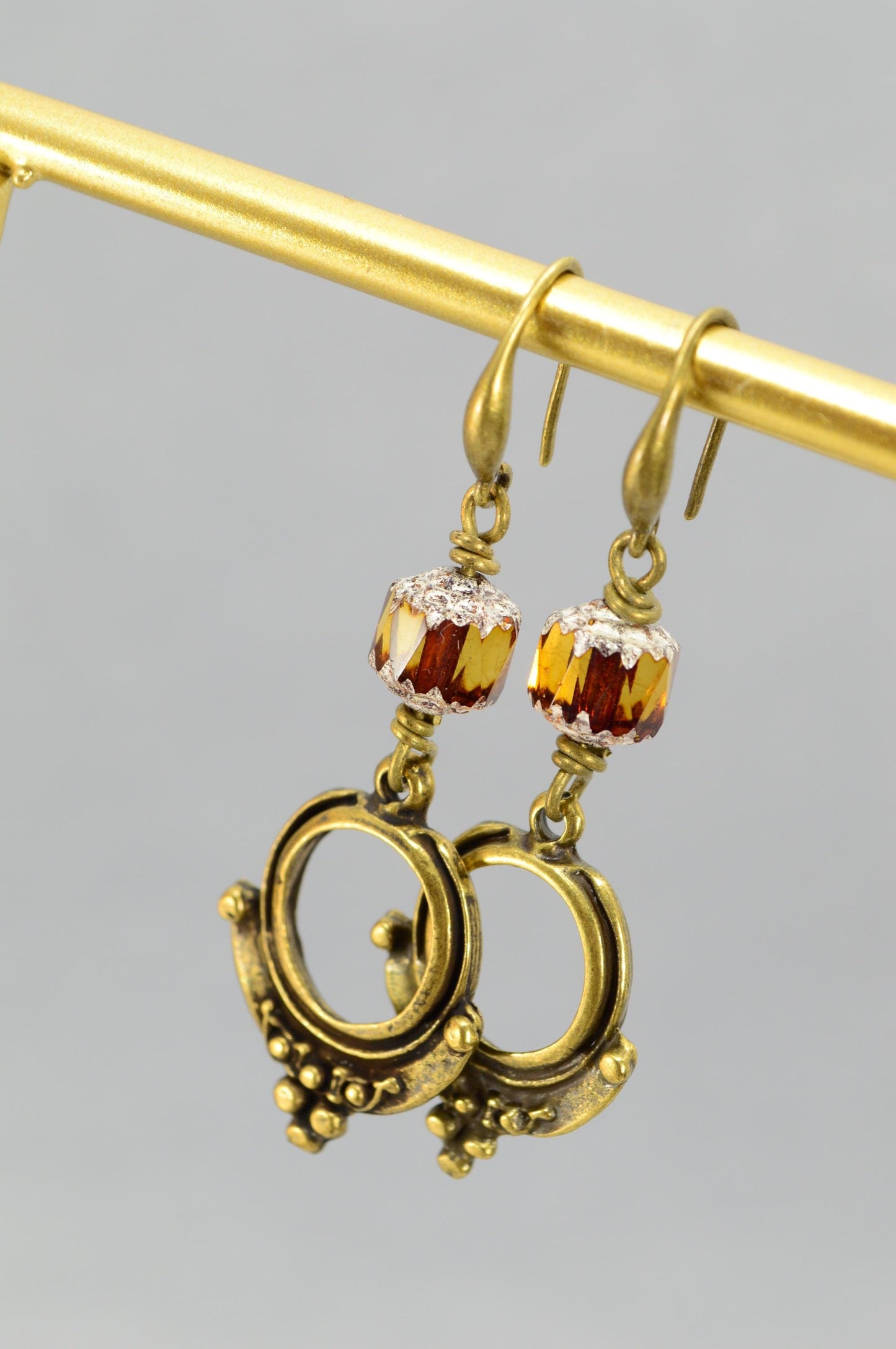 NEW *** Antique Brass Dangle Earrings with Honey color beads, Vintage Boho Style, Unique Design by Estibela, Caramel Earrings, 5cm - 2 "