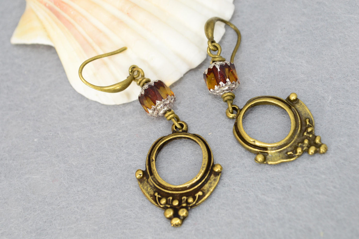 NEW *** Antique Brass Dangle Earrings with Honey color beads, Vintage Boho Style, Unique Design by Estibela, Caramel Earrings, 5cm - 2 "