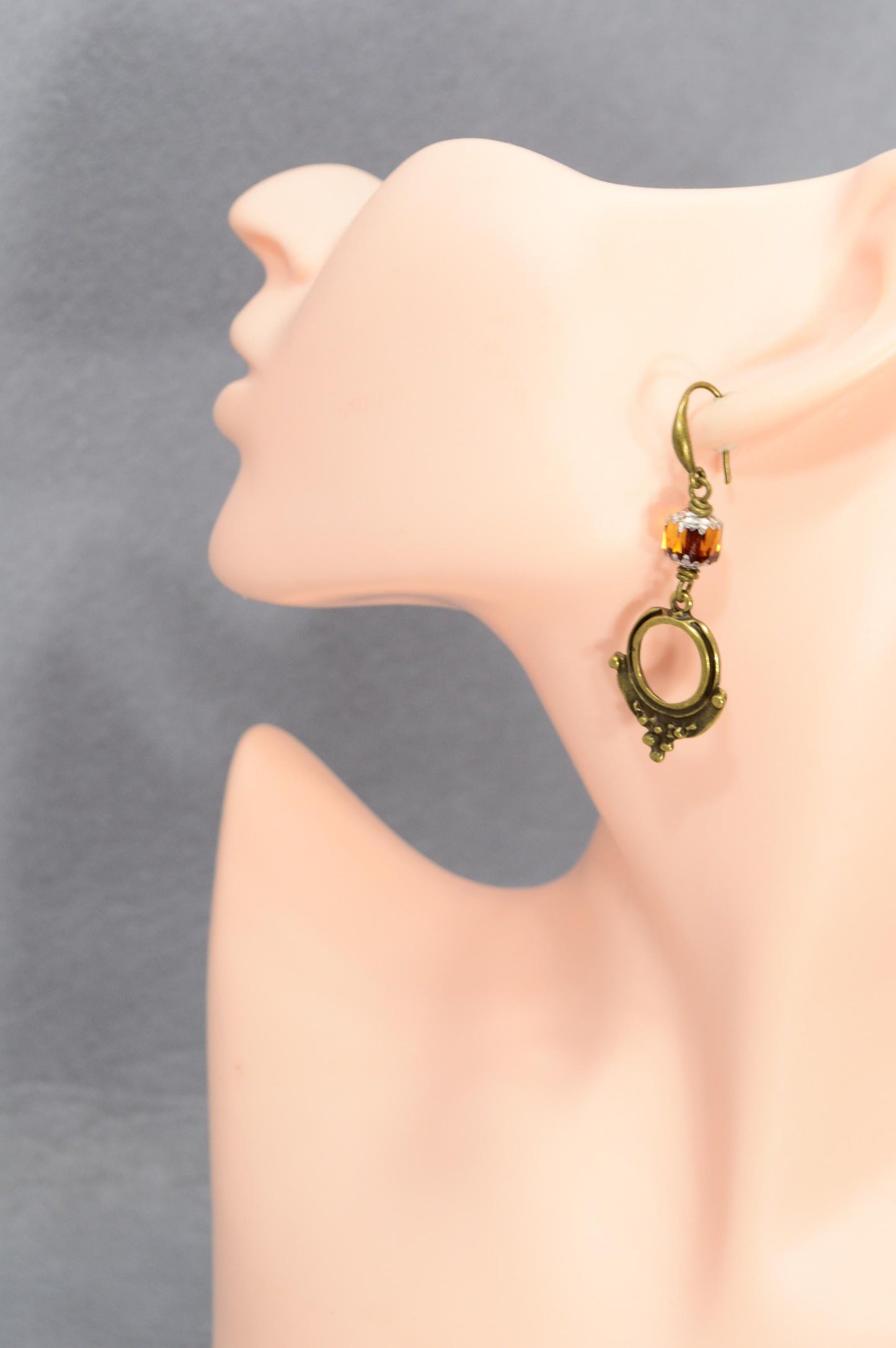 NEW *** Antique Brass Dangle Earrings with Honey color beads, Vintage Boho Style, Unique Design by Estibela, Caramel Earrings, 5cm - 2 "
