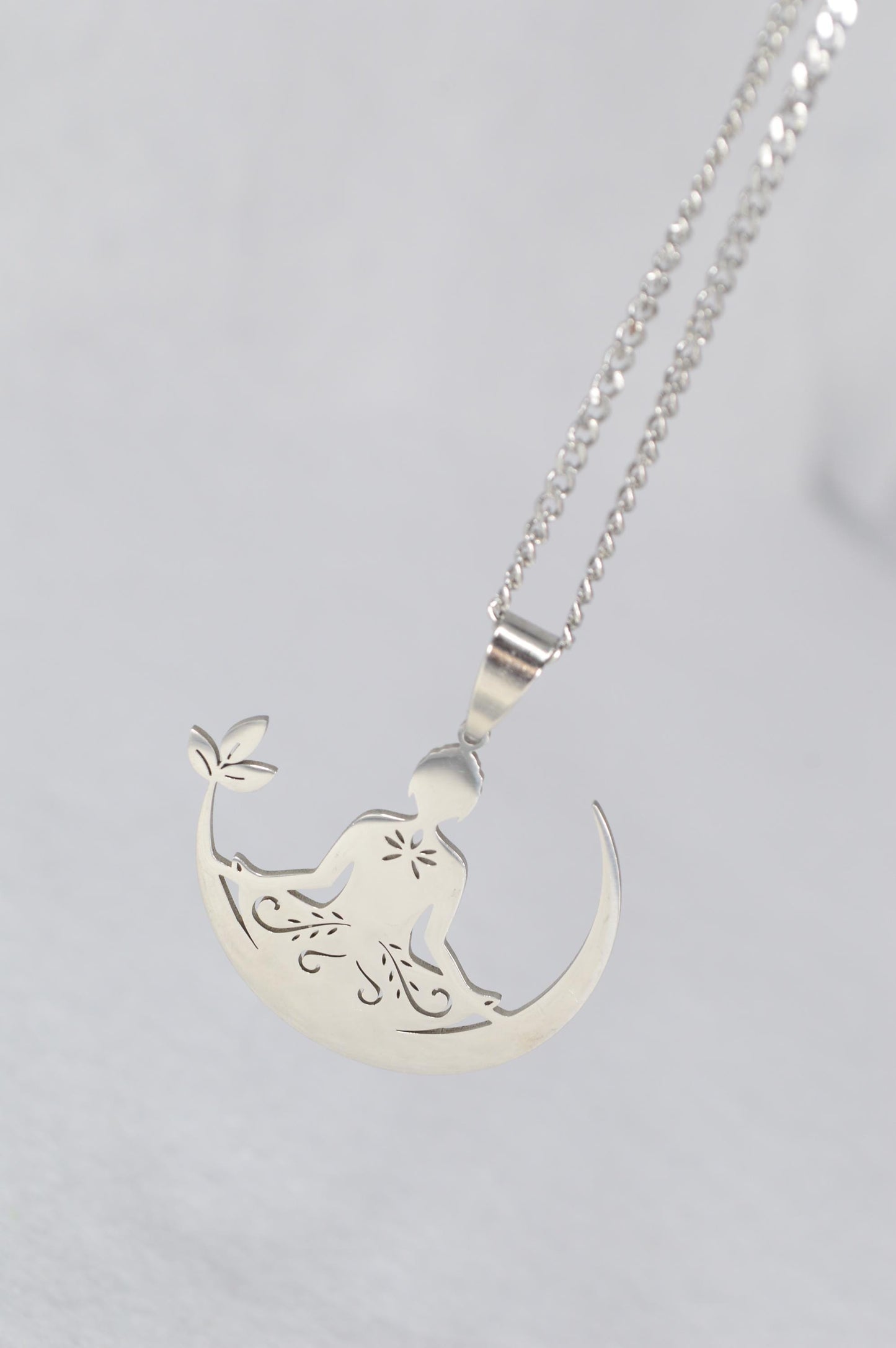 NEW *** Stainless Steel Moon and Meditation Pendant Necklace, Unique Yoga-Inspired Design, Spiritual Jewelry by Estibela, Unisex gift.
