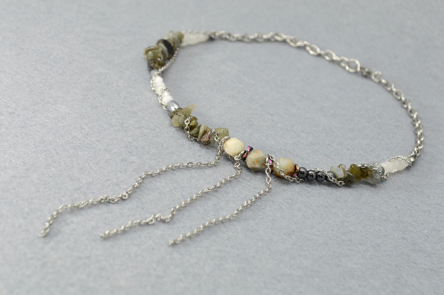 NEW - Boho Chic Asymmetrical Necklace with Labradorite, Hematite, Amazonite, Stonemoon & Quartz | Unique Gemstone Cascade Design