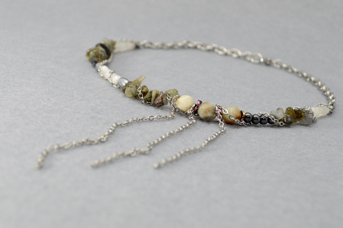 NEW - Boho Chic Asymmetrical Necklace with Labradorite, Hematite, Amazonite, Stonemoon & Quartz | Unique Gemstone Cascade Design