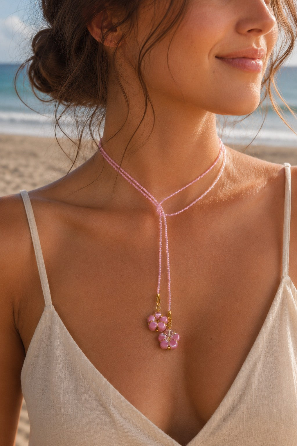 Pink Flower Lariat Necklace – Adjustable Seed Bead Y Necklace with Glass Flowers
