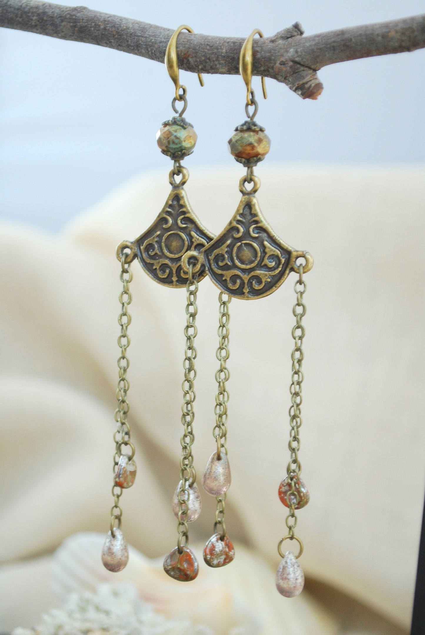 Aztec long chain earrings, Inca beaded earrings, tribal art earrings, Estibela, Long earrings 4.3in