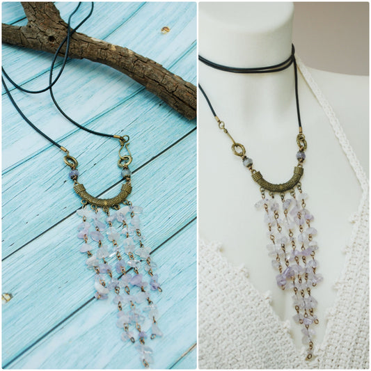 Unique boho leather necklace.  Rustic light purple Natural Amethysts stone beads necklace, Gypsy leather choker