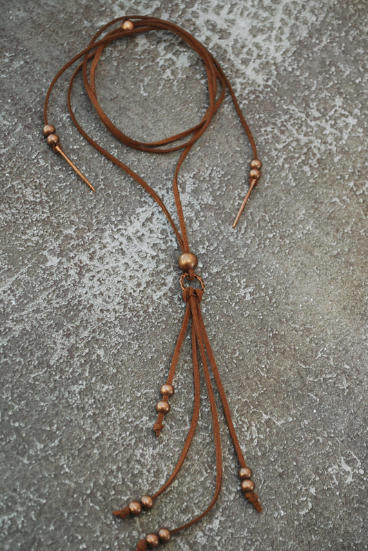 Tribal ethnic copper necklace, Statement leather jewelry, Oriental boho brown leather pendant