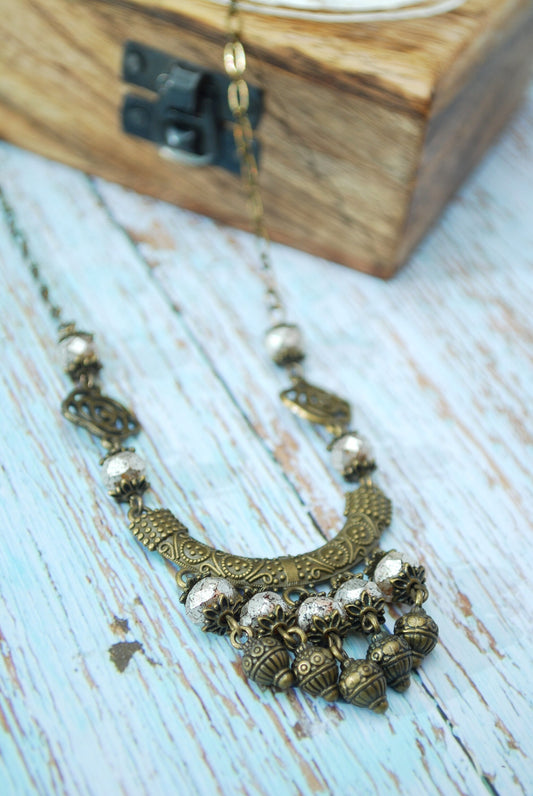 Ethnic Tube Necklace, Tribal Silver Beaded Necklace, Decorative Brass Necklace, Mom grandmom gift