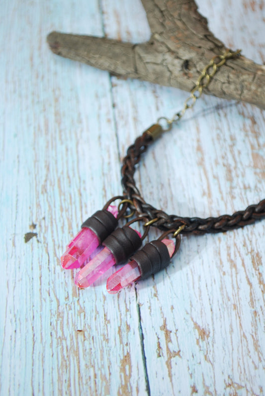 Quartz crystal bar necklace, Leather braid necklace, Pink boho necklace, unique design necklace